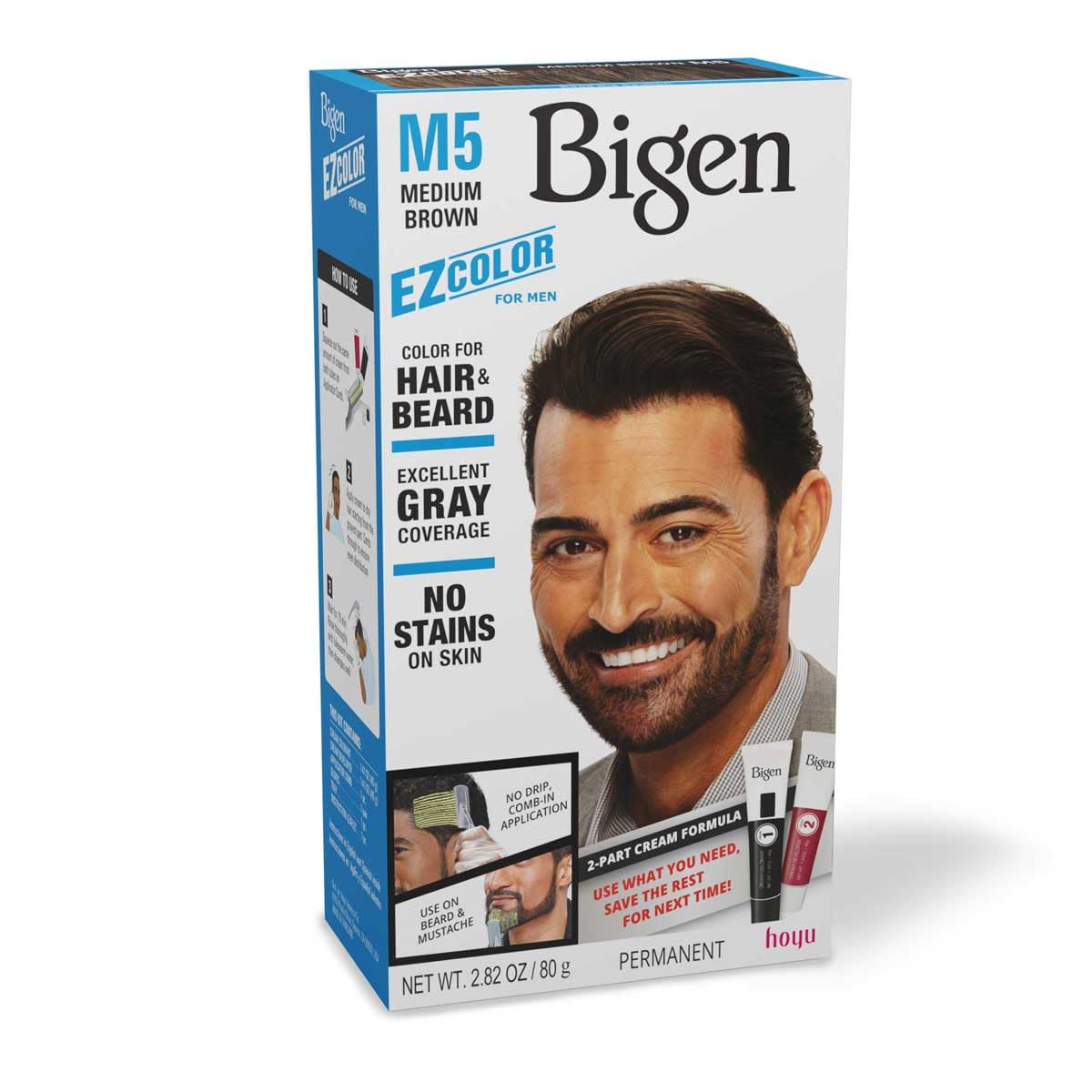 Bigen M5 EZ Color Medium Brown beard application demonstrates dual-use color for hair and beard.