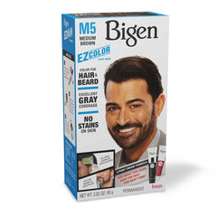 Bigen M5 EZ Color Medium Brown beard application demonstrates dual-use color for hair and beard.