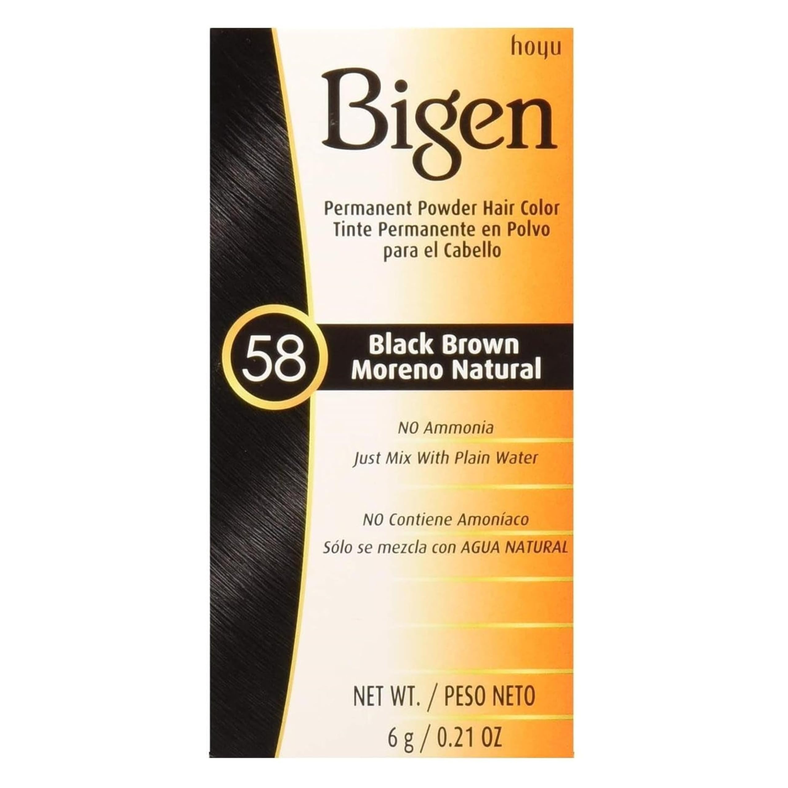 Bigen Powder Hair Color 58 color-application demonstrates rich natural black brown shade.