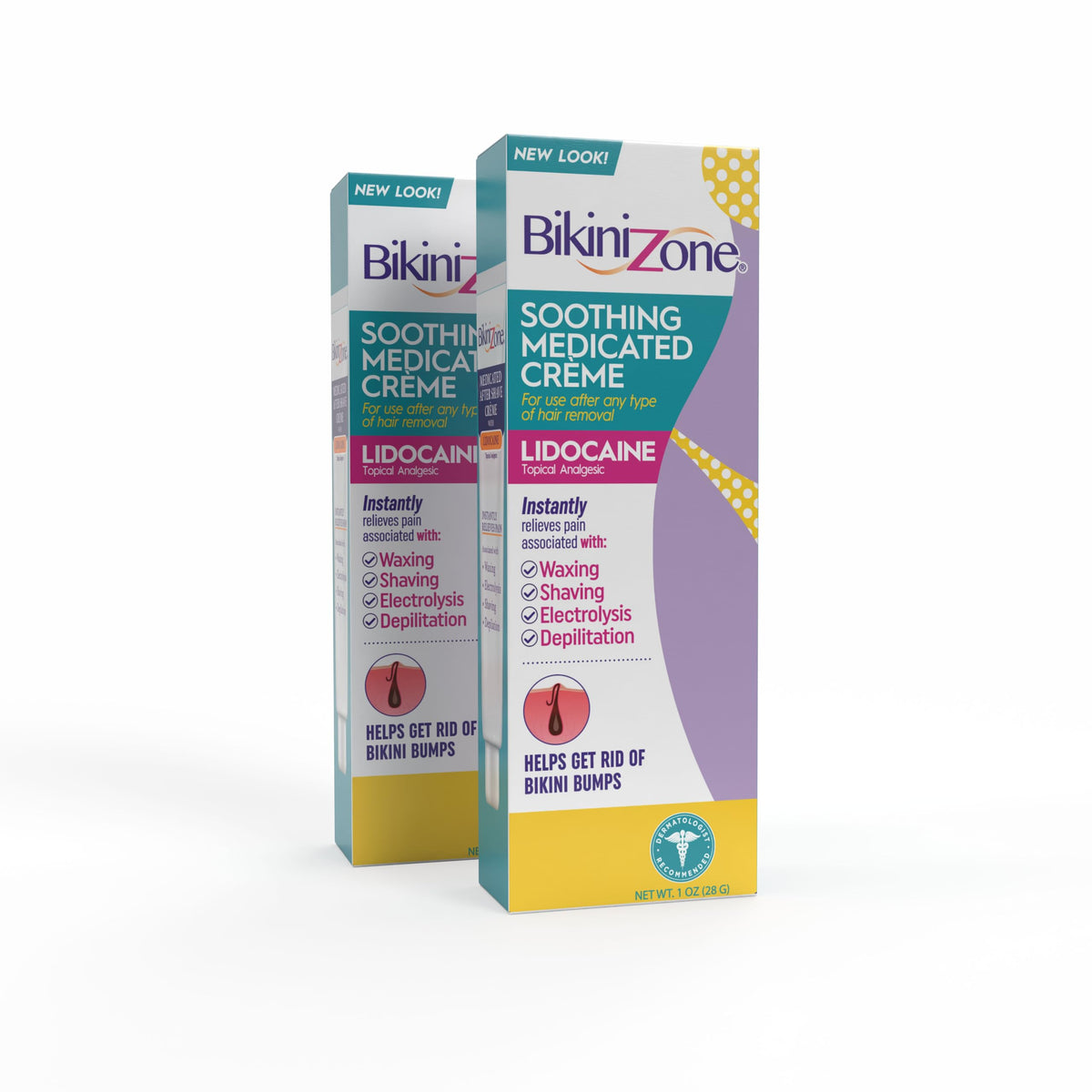 Bikini Zone medicated after shave crème front-tube demonstrates soothing bikini-line relief