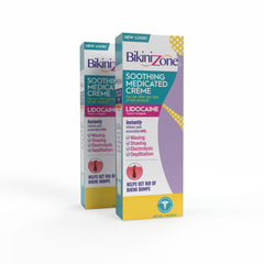 Bikini Zone medicated after shave crème front-tube demonstrates soothing bikini-line relief