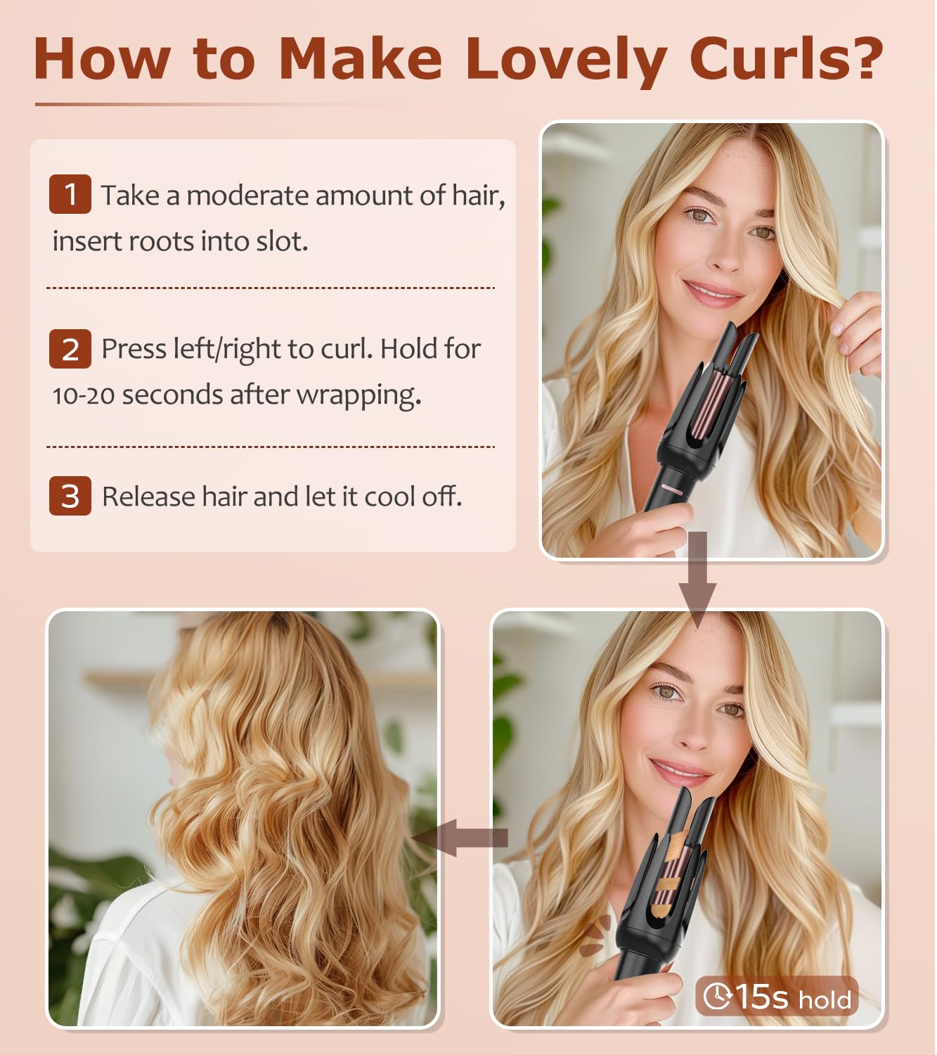 BILITOK Auto Hair Curler set includes comb and clips for easy styling.
