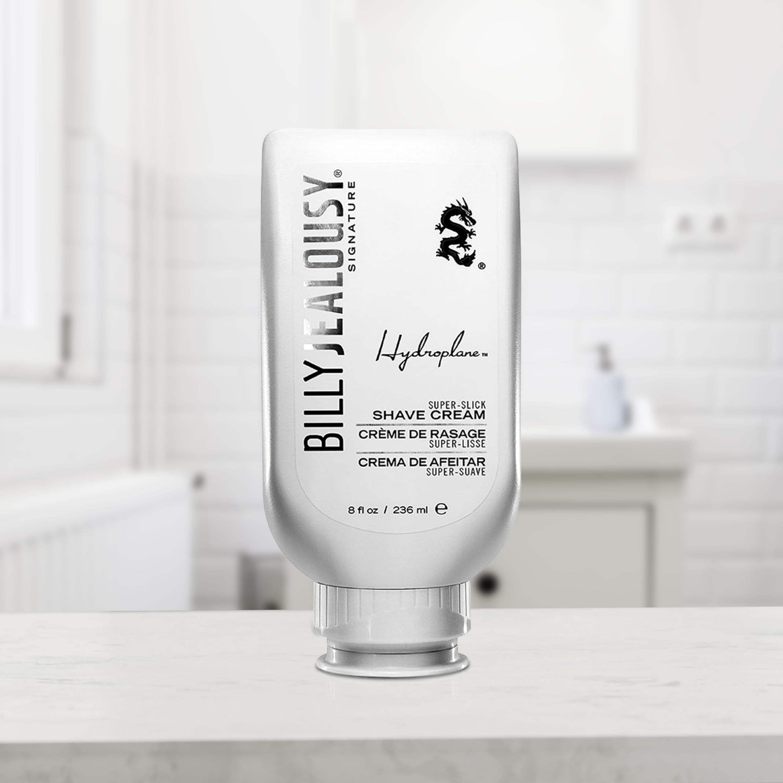 8-ounce Billy Jealousy Hydroplane bottle on a clean sink