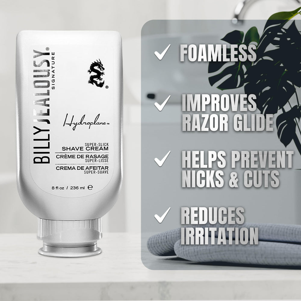 Hands applying Billy Jealousy Hydroplane for a smooth, close shave