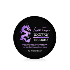 Billy Jealousy Lunatic Fringe pomade tin close-up shows strong hold and high shine