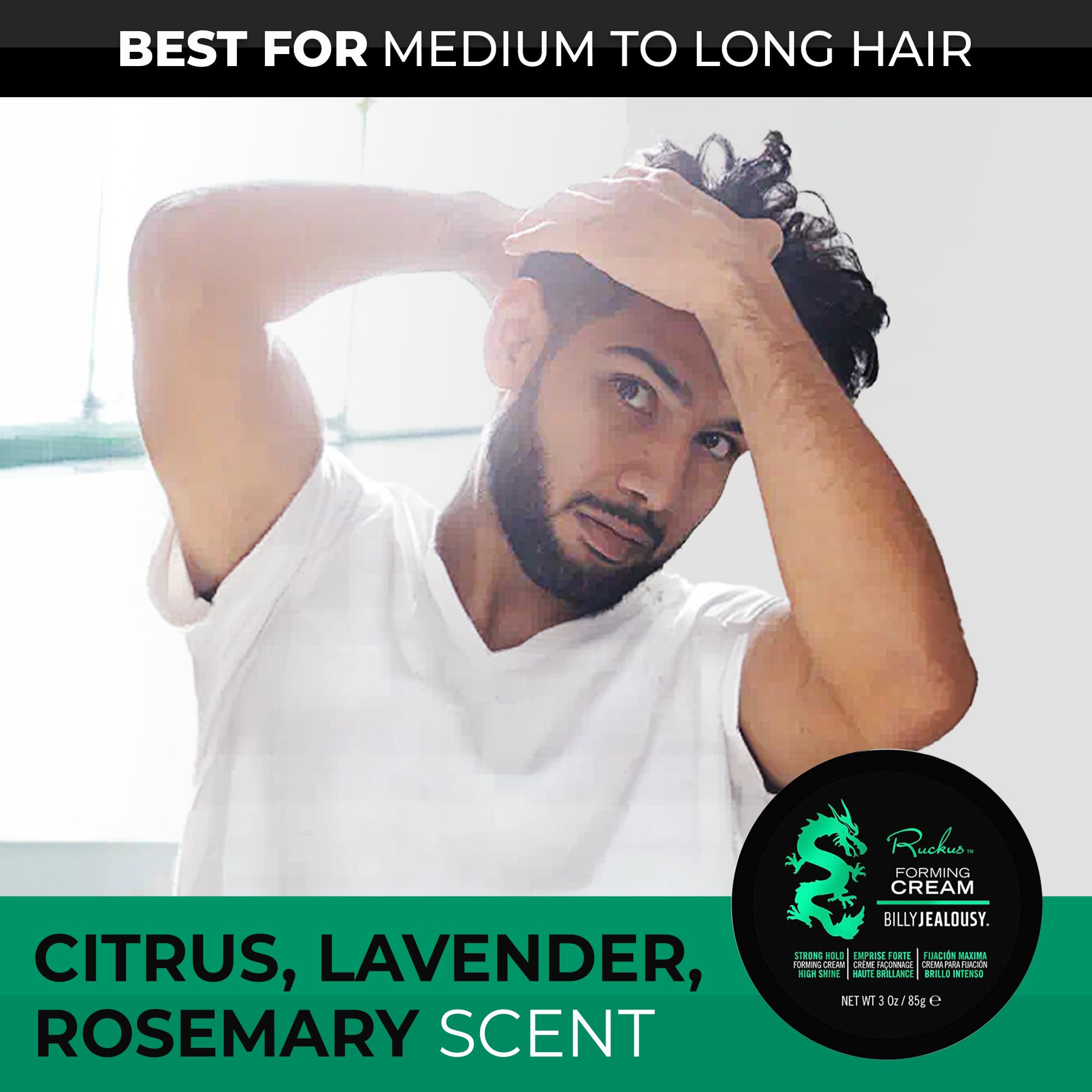 Billy Jealousy Ruckus hair cream puck shows versatile hold for structured or messy styles.