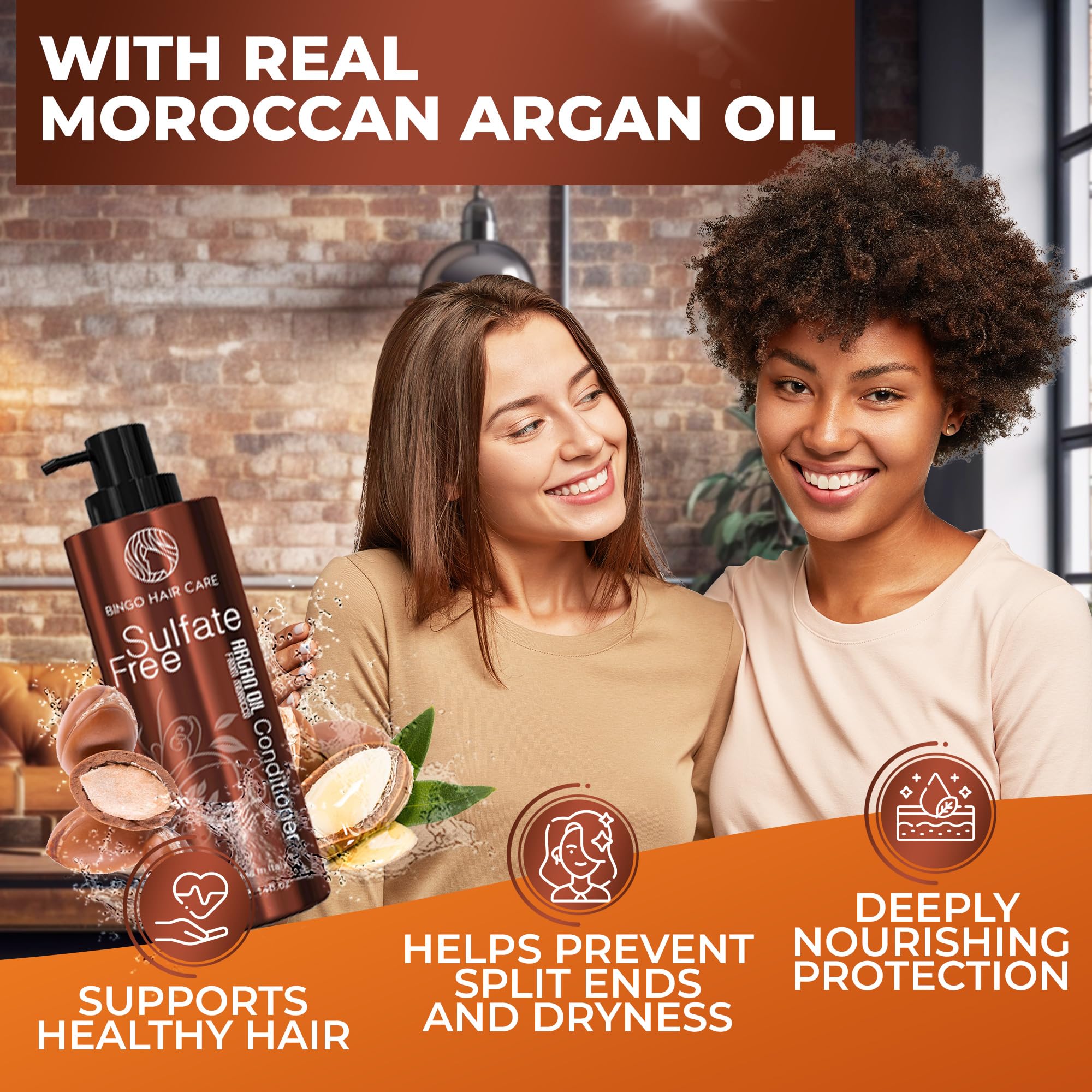 BINGO Hair Care Moroccan Argan Oil Conditioner frizz control close-up.