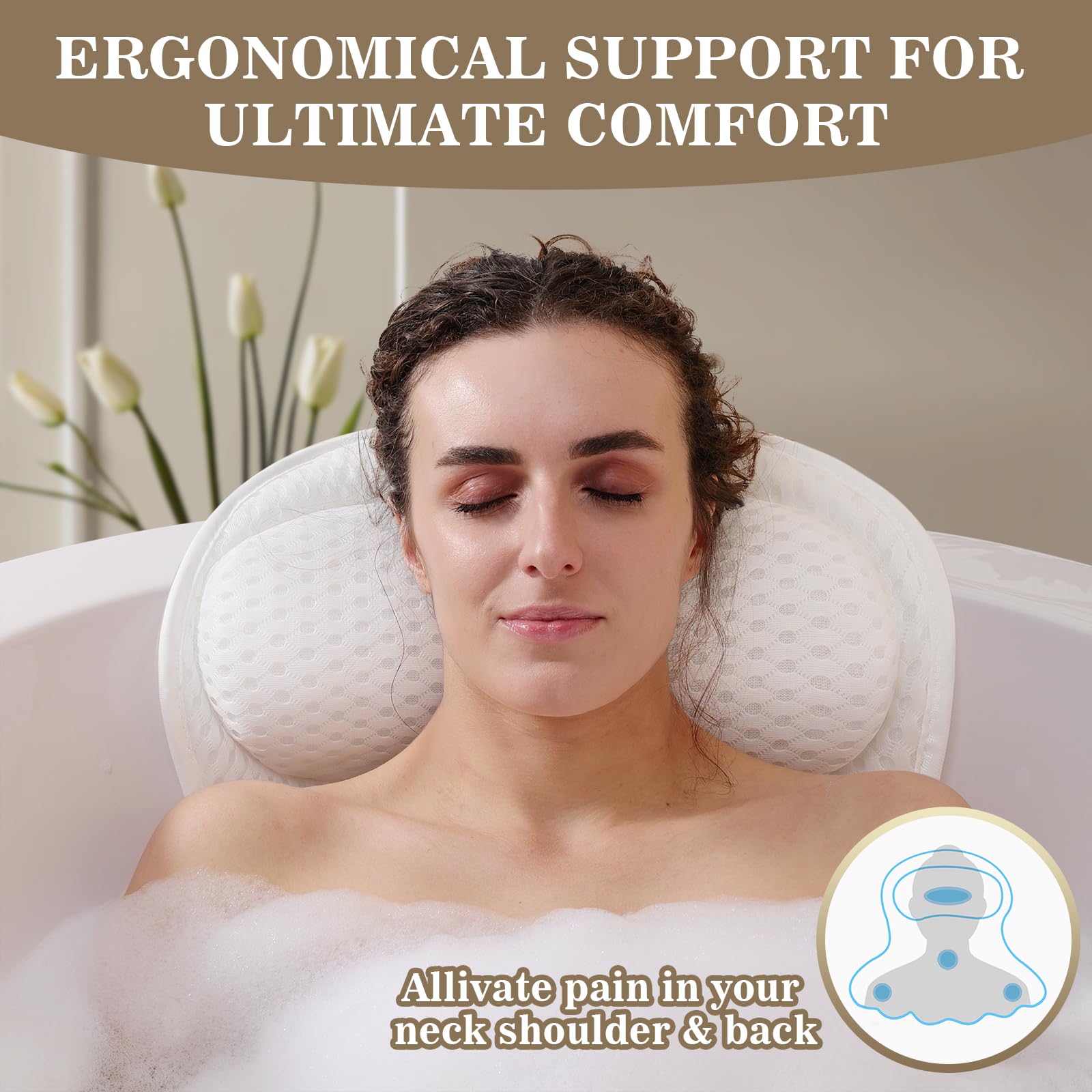 Binobella Bath Pillow features 4D air mesh for breathability and quick drying.