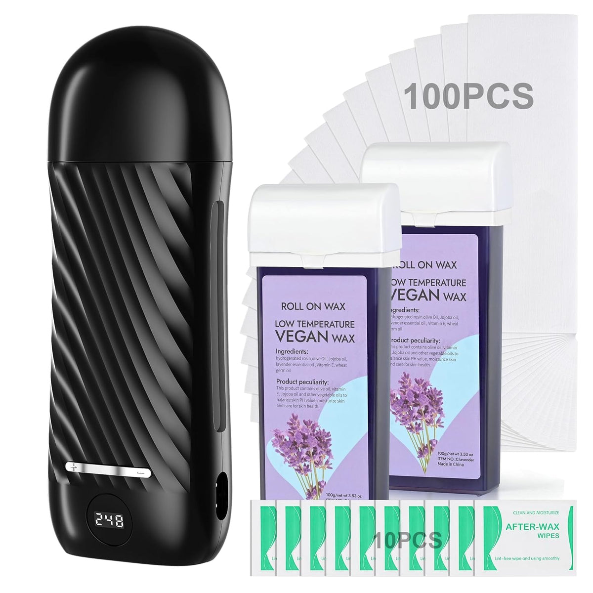 Binzls roll-on wax kit pink heater melts wax quickly for efficient waxing.