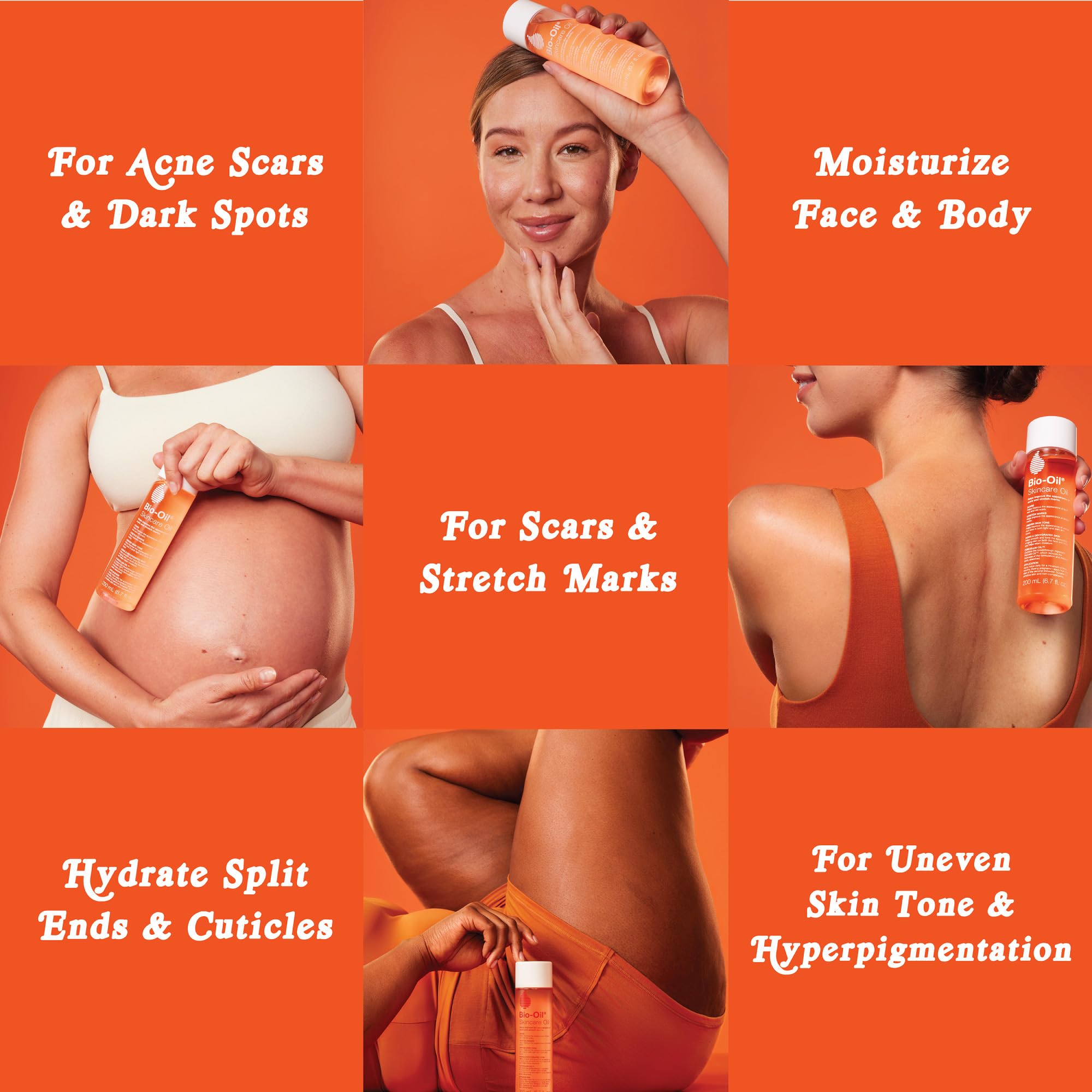 Bio-Oil next to common items for scale showing 4.2 fl oz size benefit