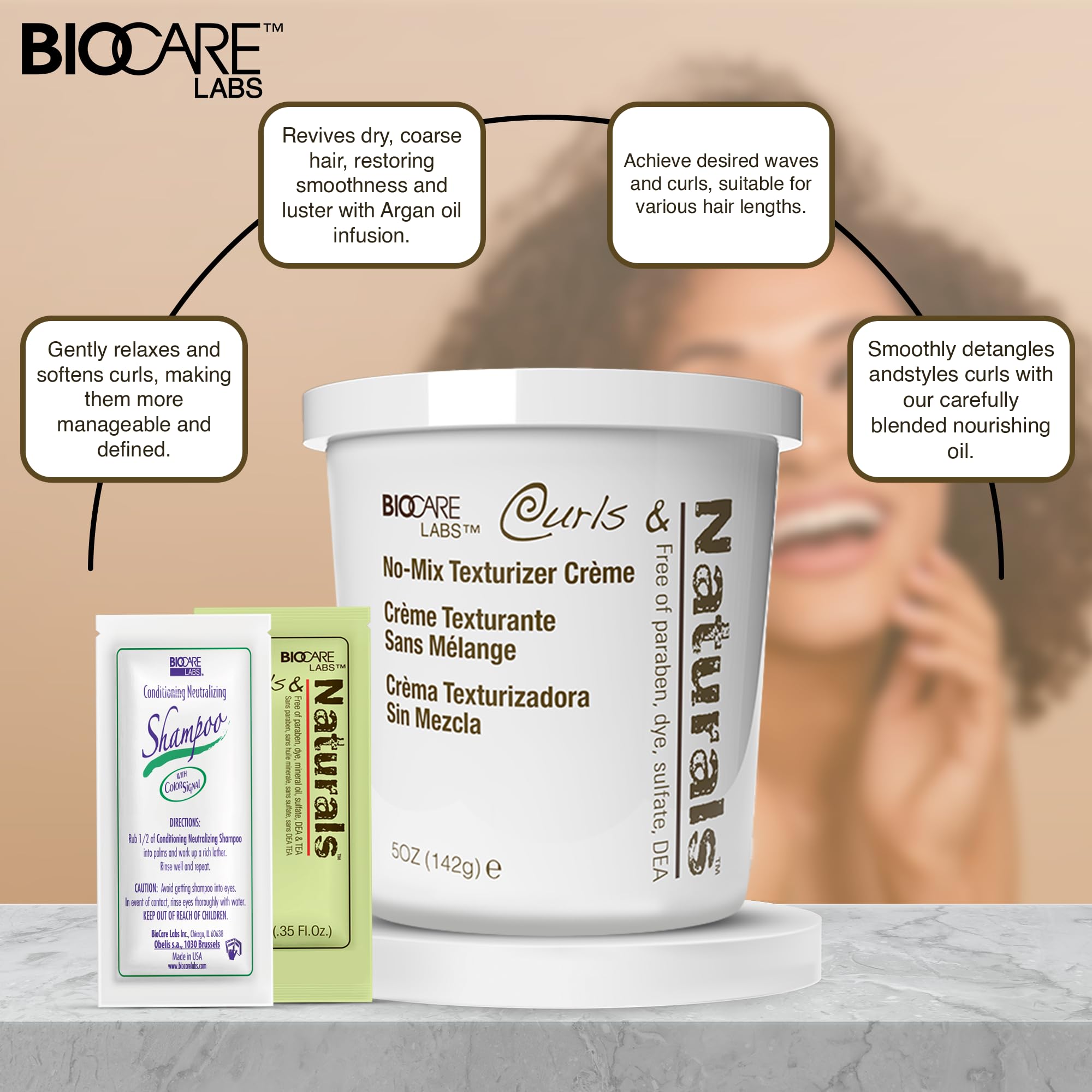 Biocare Curls & Naturals argan oil application smooths and hydrates curls.