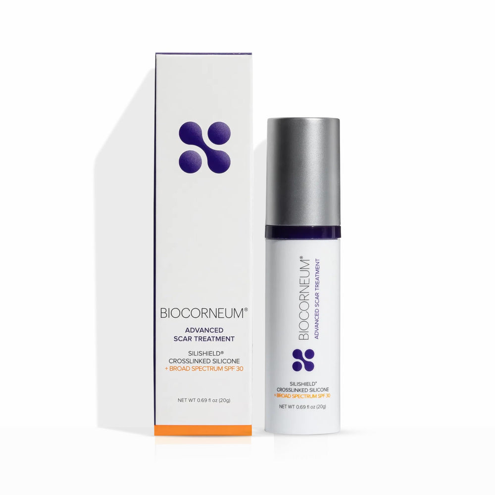 Biocorneum Advanced Scar Treatment Silishield bottle shows protective silicone layer for scar care