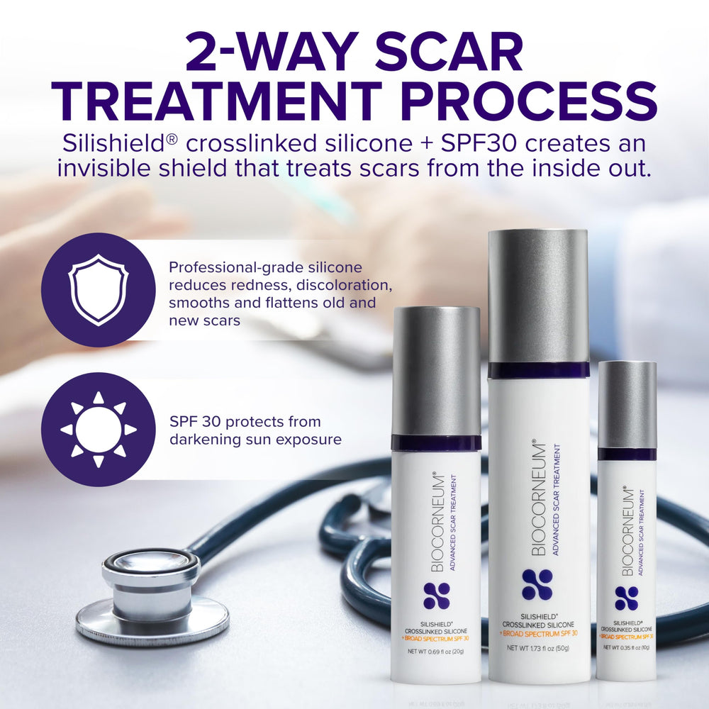 BIOCORNEUM SPF 30 bottle cap emphasizes sun protection during scar healing