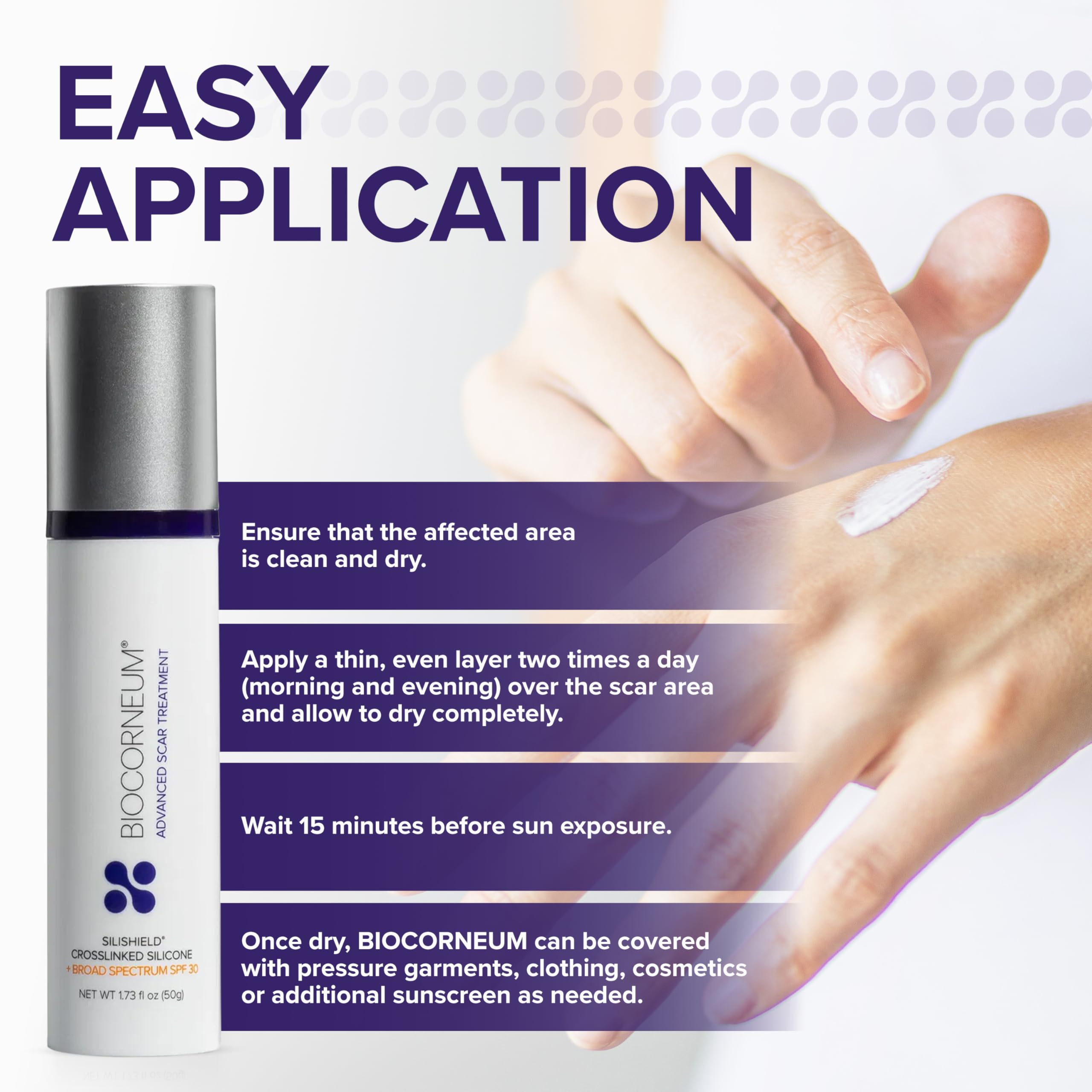 BIOCORNEUM applied to targeted scar areas for even healing.