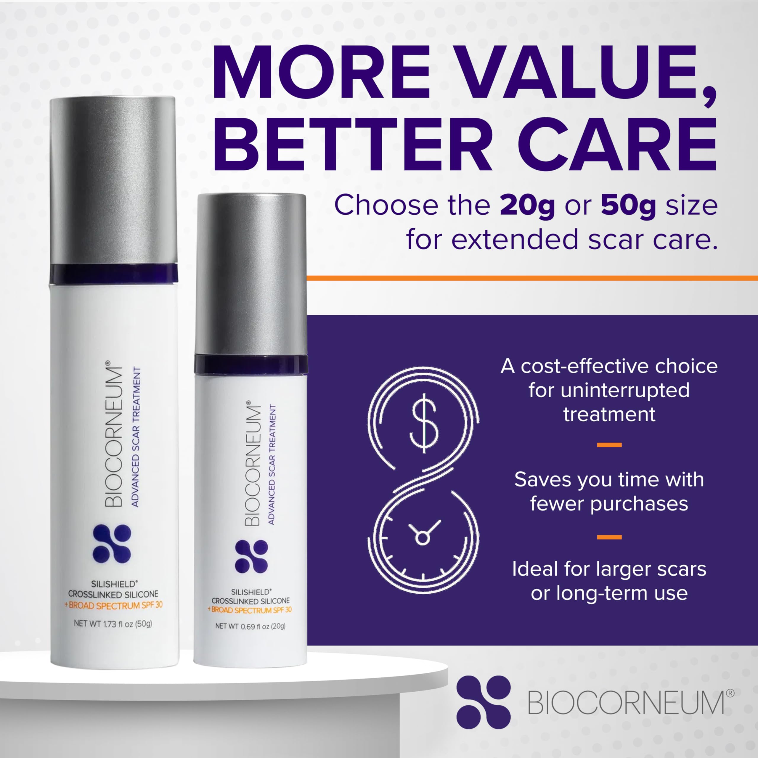Biocorneum Advanced Scar Treatment texture closeup shows quick-drying formula