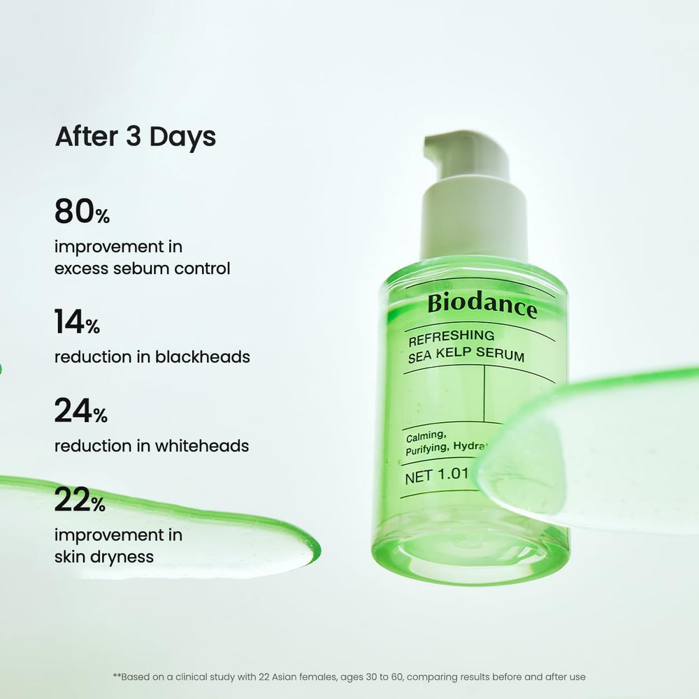 BIODANCE bottle label close-up, shows ingredient safety and free-from benefits