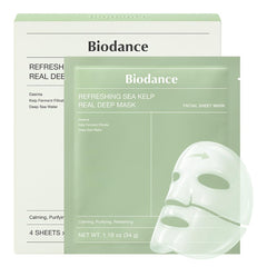 BIODANCE front packaging showing four sea kelp hydrogel masks and benefits