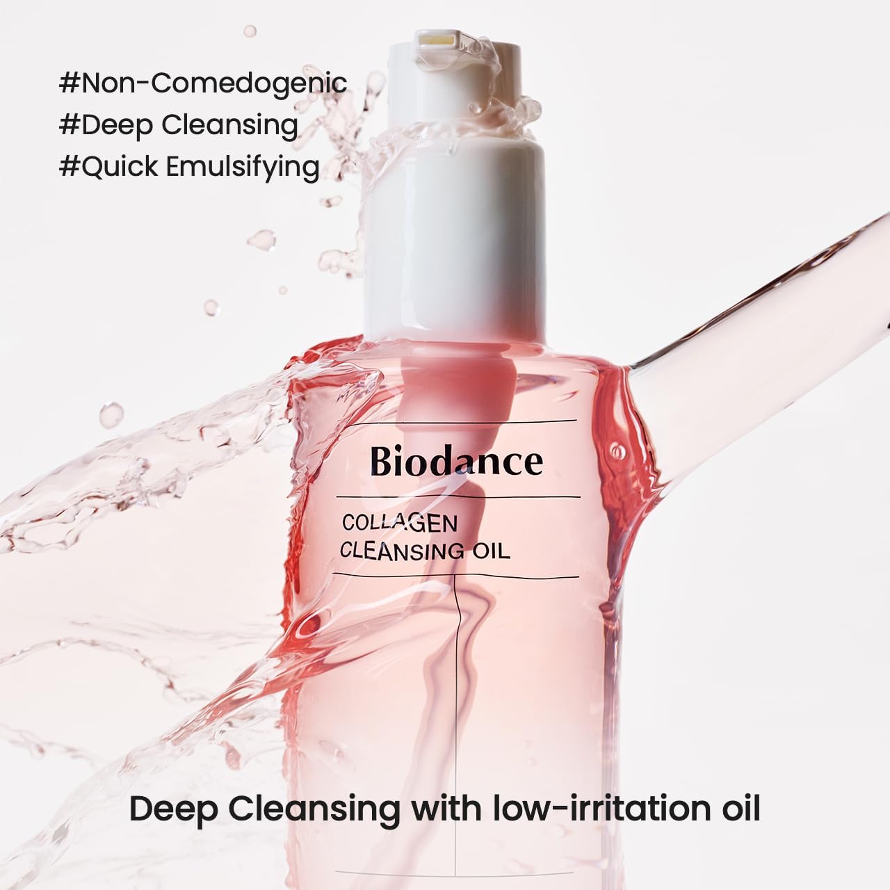BIODANCE pump dispensing a clear oil drop, illustrating controlled usage and minimal waste