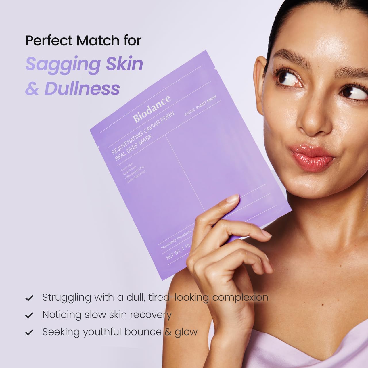 BIODANCE mask beside ruler showing 34g size for easy scale and travel benefit