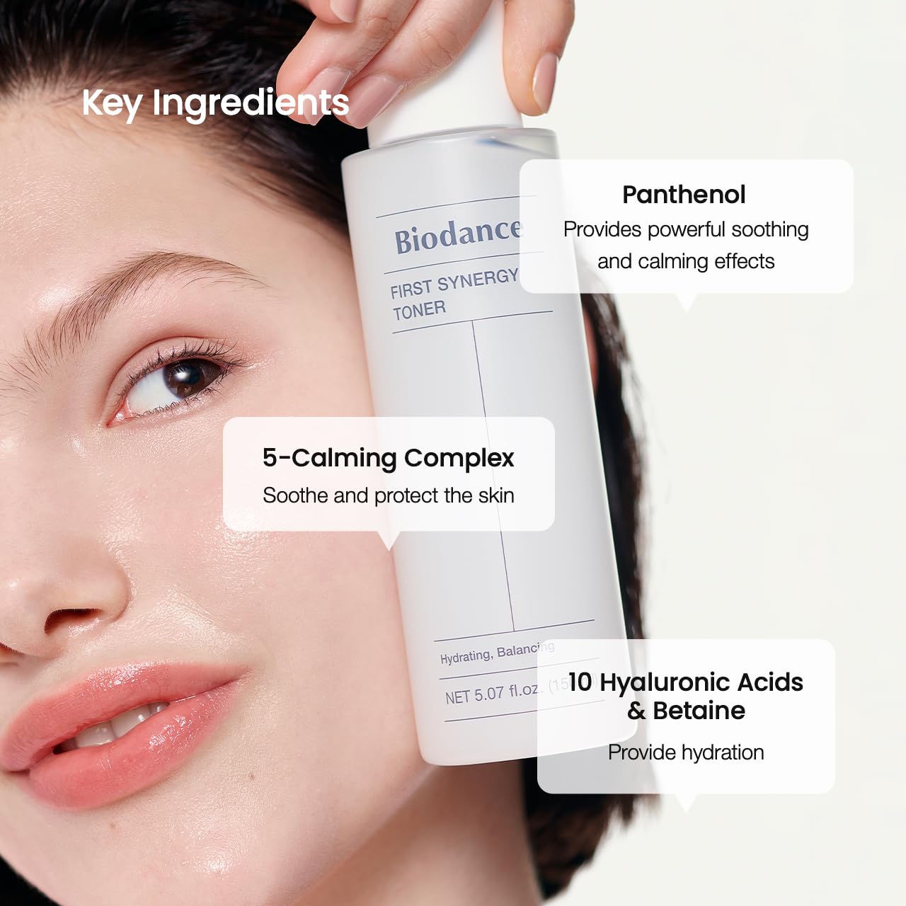 BIODANCE bottle beside measuring cup showing 150ml size and value benefit