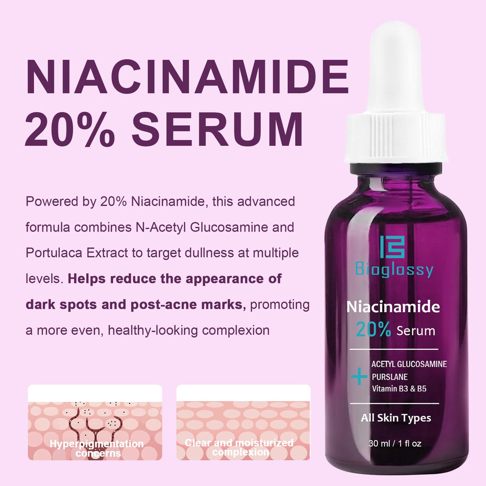 Bioglossy Niacinamide Serum with hyaluronic acid for hydration and elasticity.