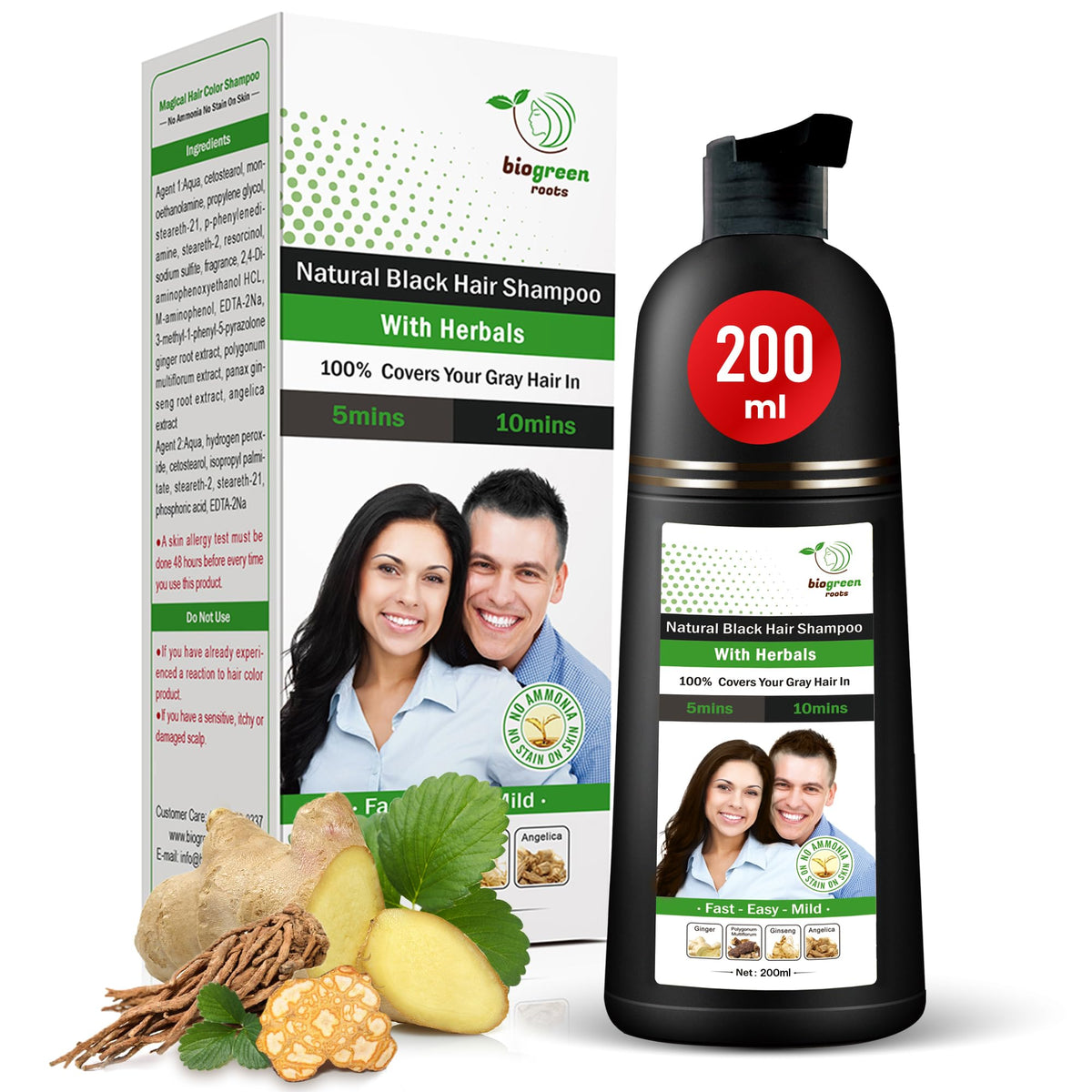 BIOGREEN ROOTS ammonia-free shampoo bottle being poured for gentle at-home color