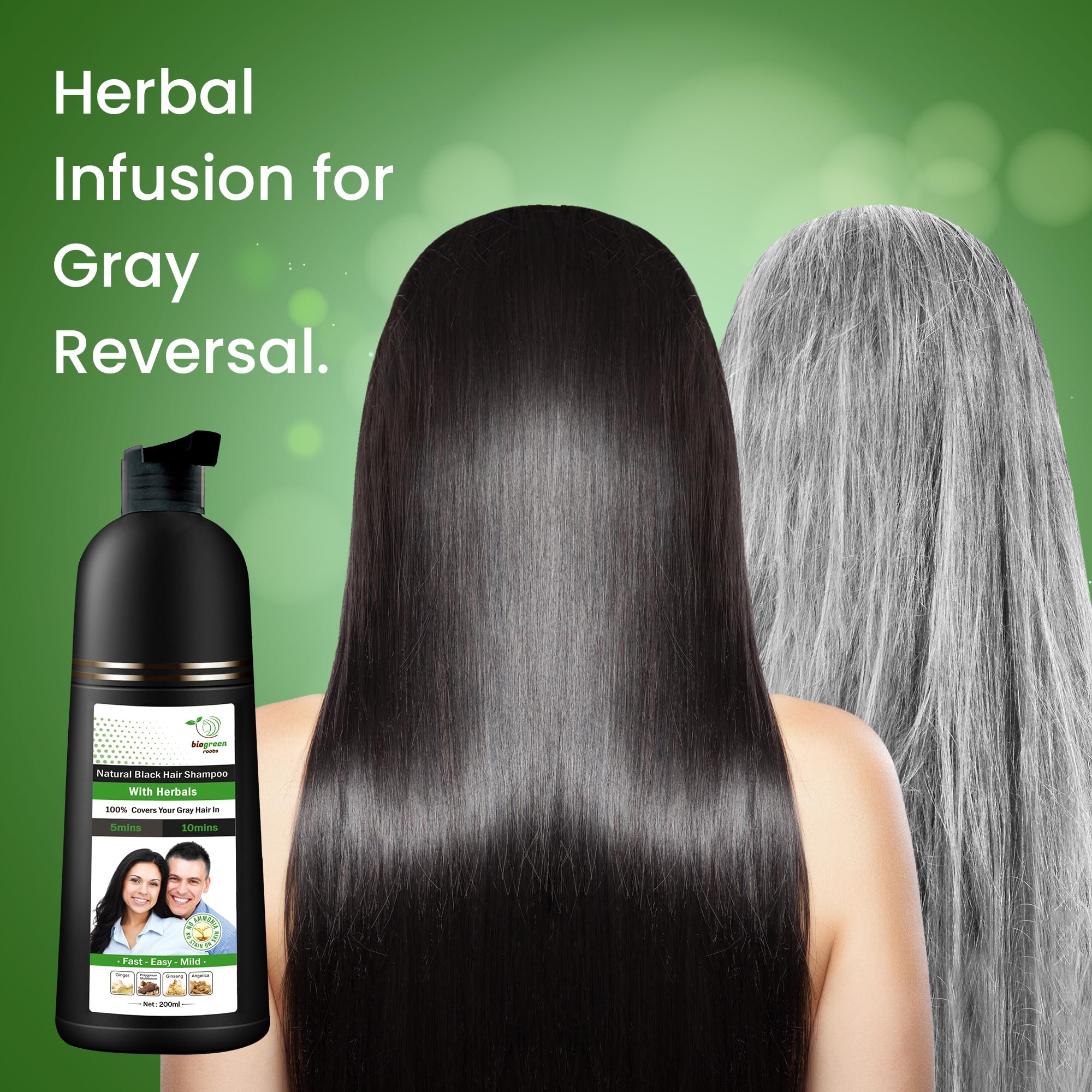 BIOGREEN ROOTS natural-black color shampoo for even shade on hair