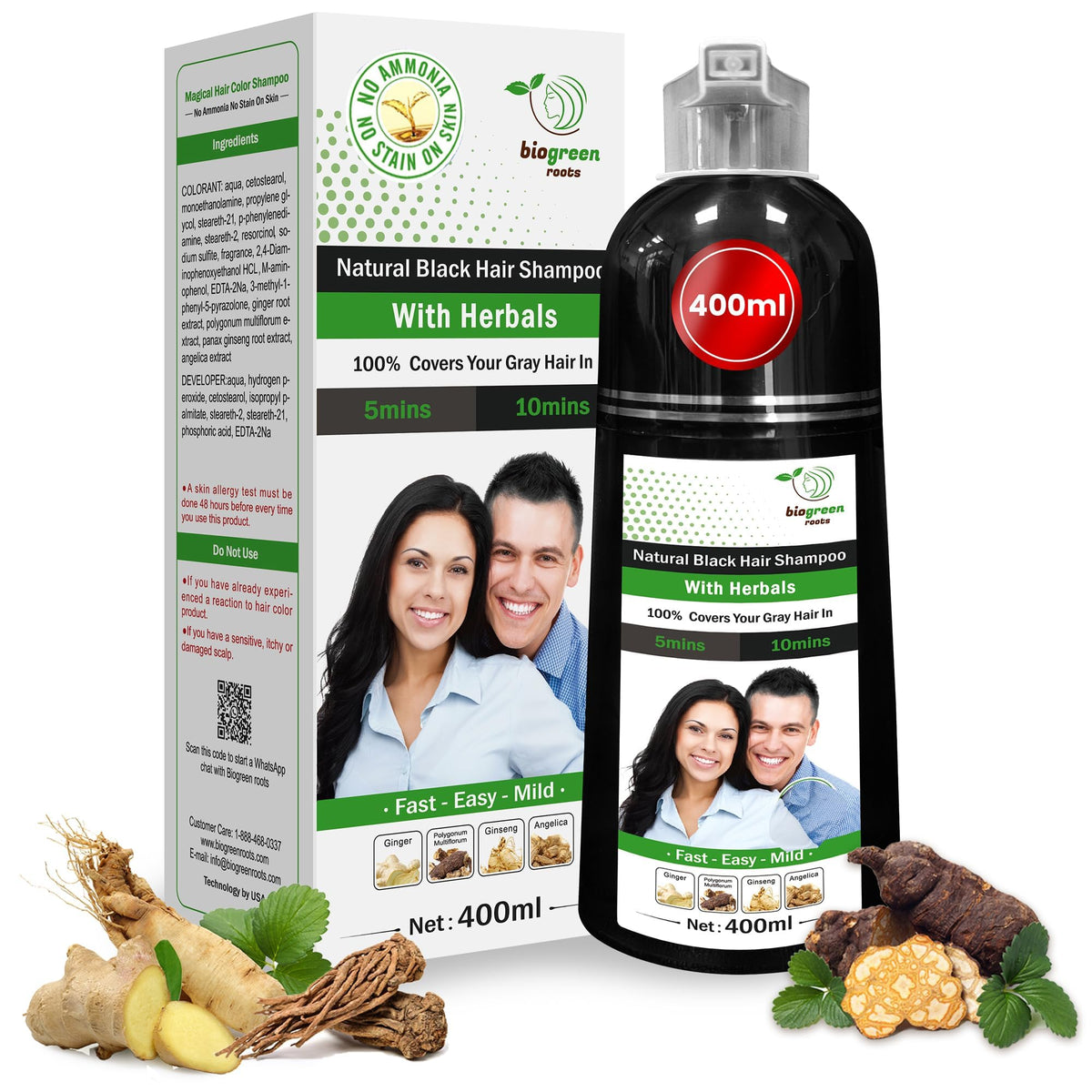 Biogreen Roots natural black shampoo bottle highlights color-safe, ammonia-free formula for all hair types.