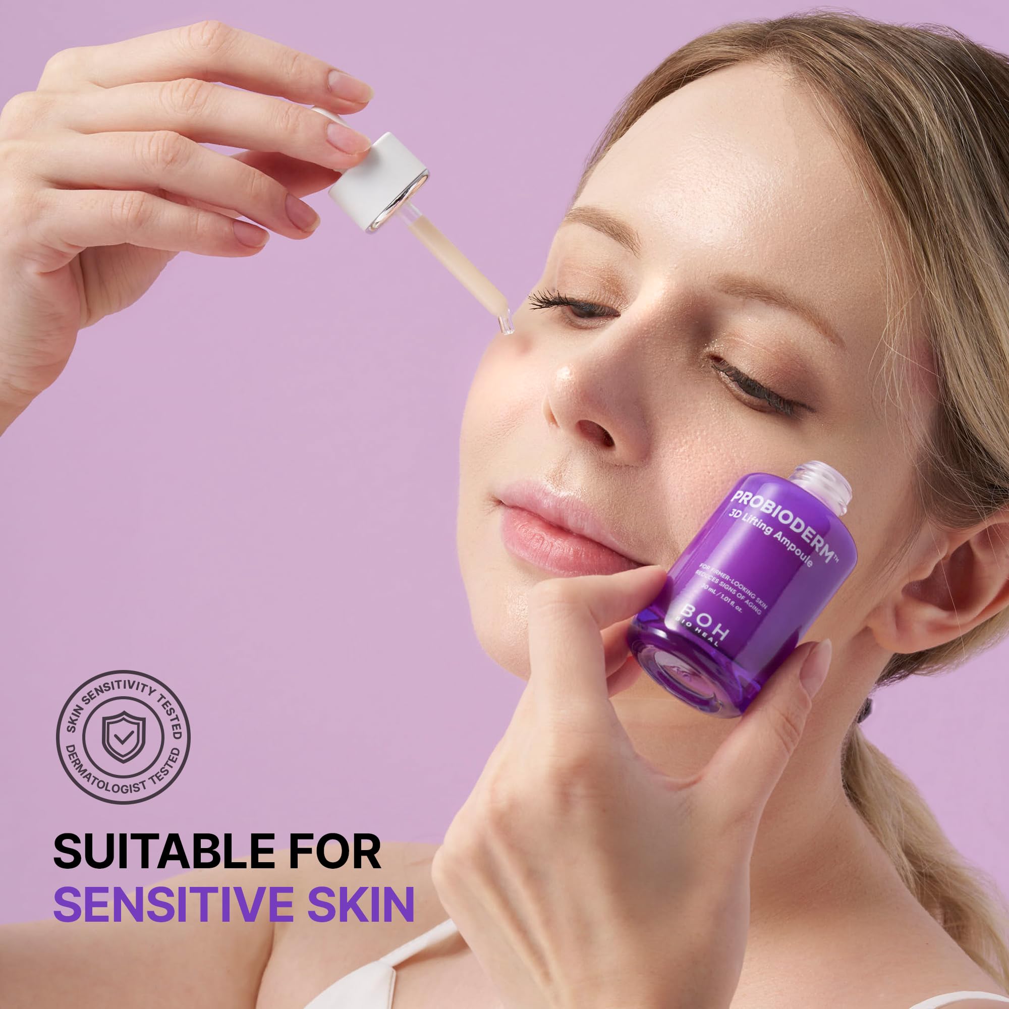 BIOHEAL BOH Probioderm 3D Lifting Ampoule safety badge confirms dermatological testing.