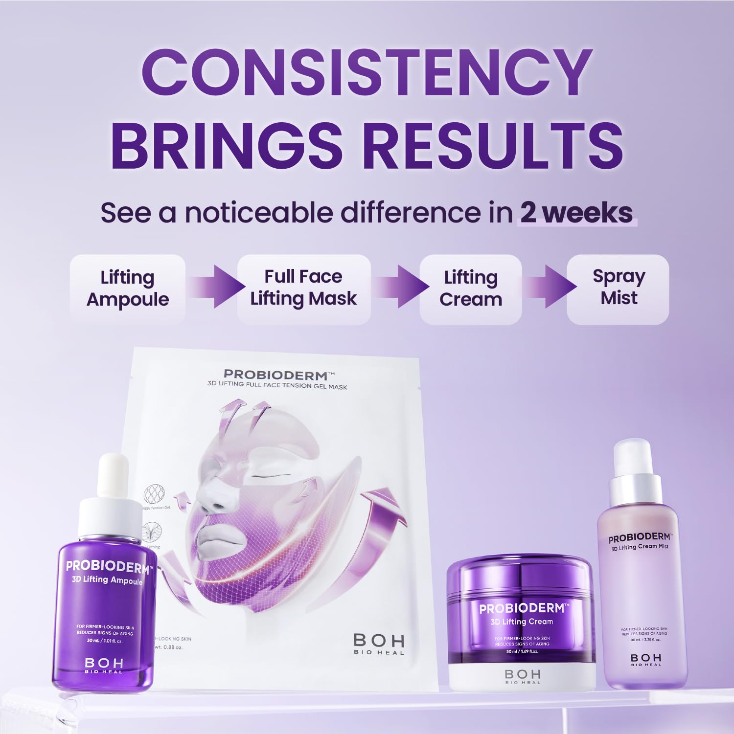 BIOHEAL BOH Probioderm 3D Lifting Cream Mist in bathroom vanity setup for daily refreshment.