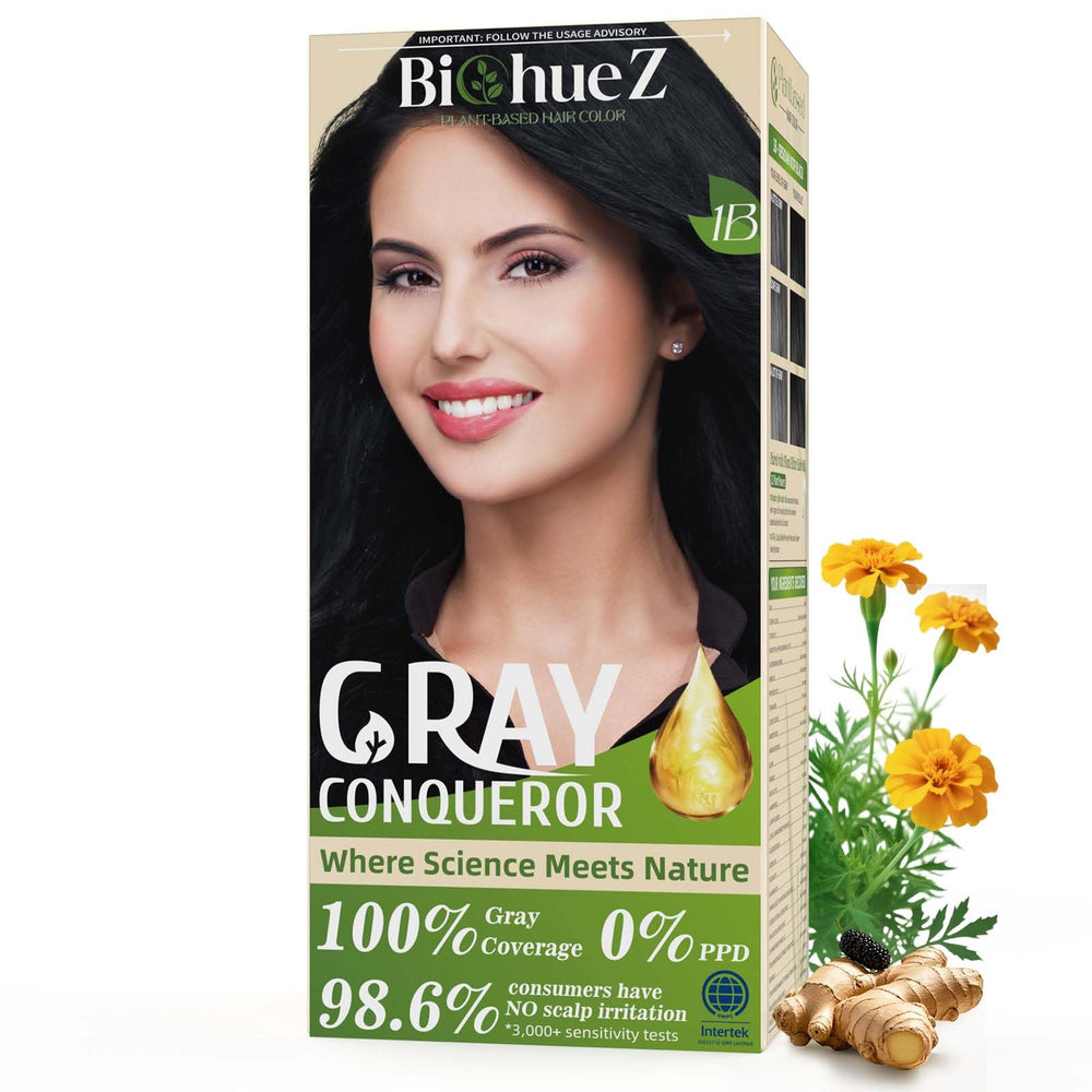 BioHueZ permanent dye bottle 1B Obsidian Noir delivers bold gray coverage and lasting depth