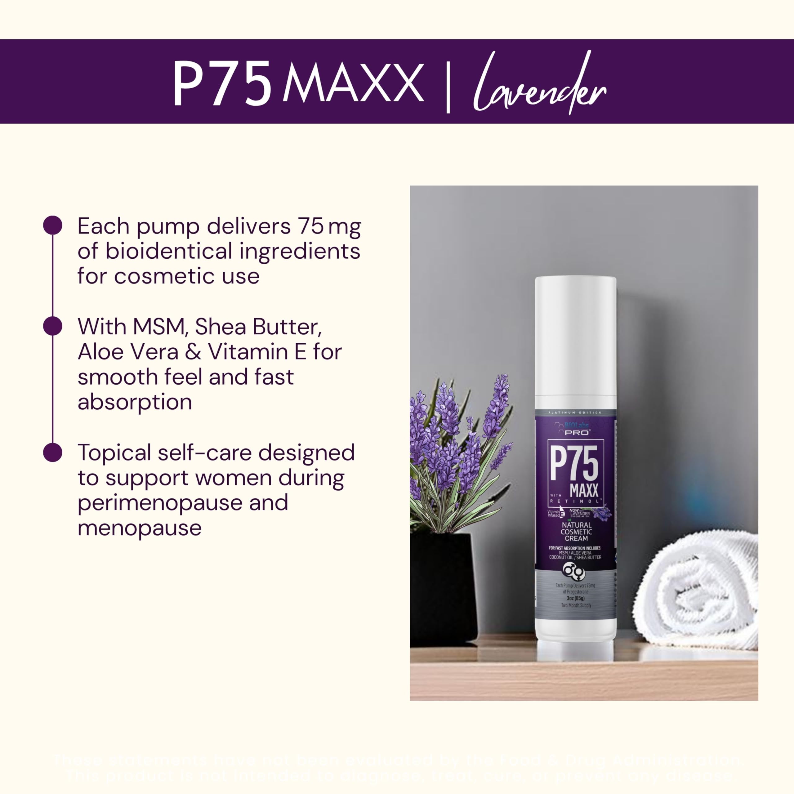 BIOLABS PRO P75 Maxx Pro-Gest ingredients include retinol and Aloe for skin support.