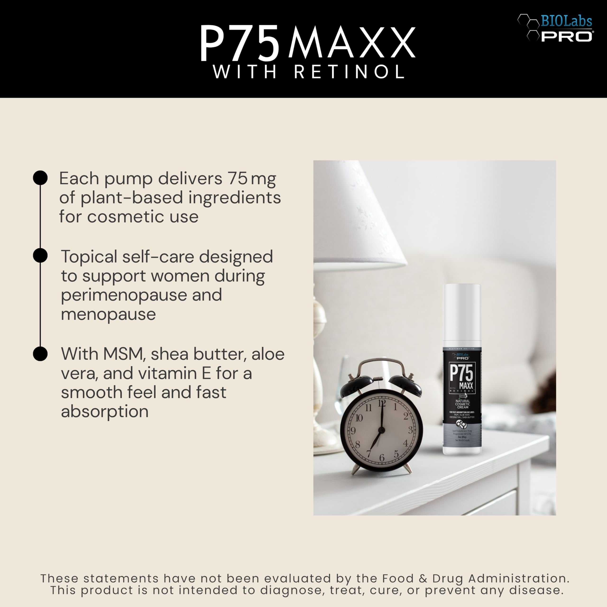 BIOLABS PRO Progest Cream pump-action shot demonstrates quick, smooth absorption during routine application