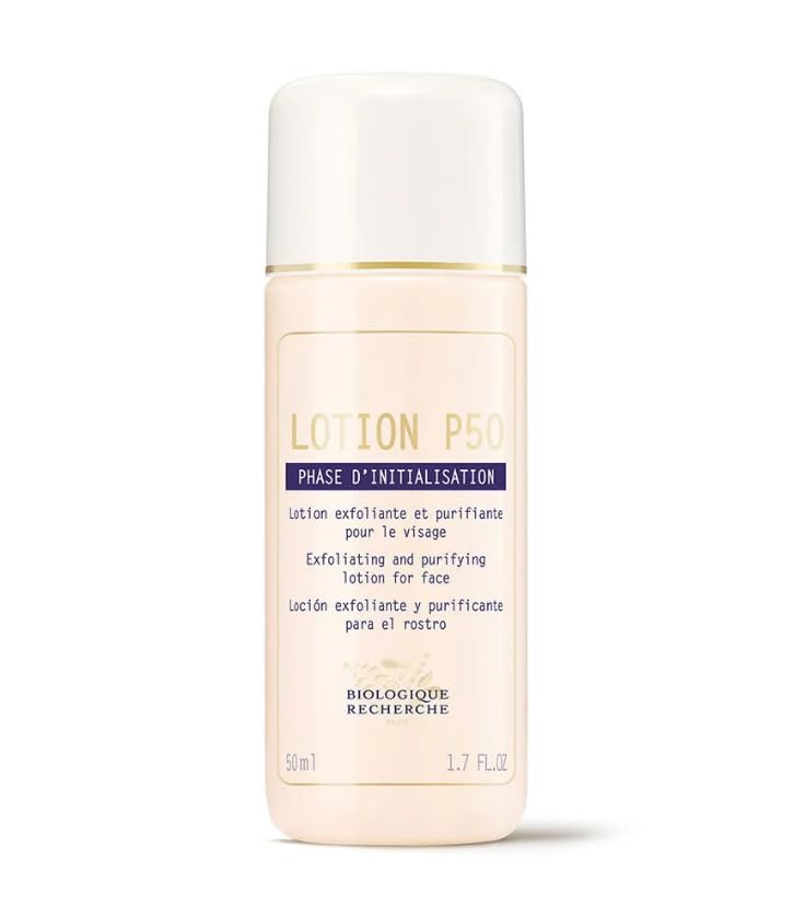 BIOLOGIQUE RECHERCHE Lotion P50 travel-size bottle for on-the-go exfoliation.