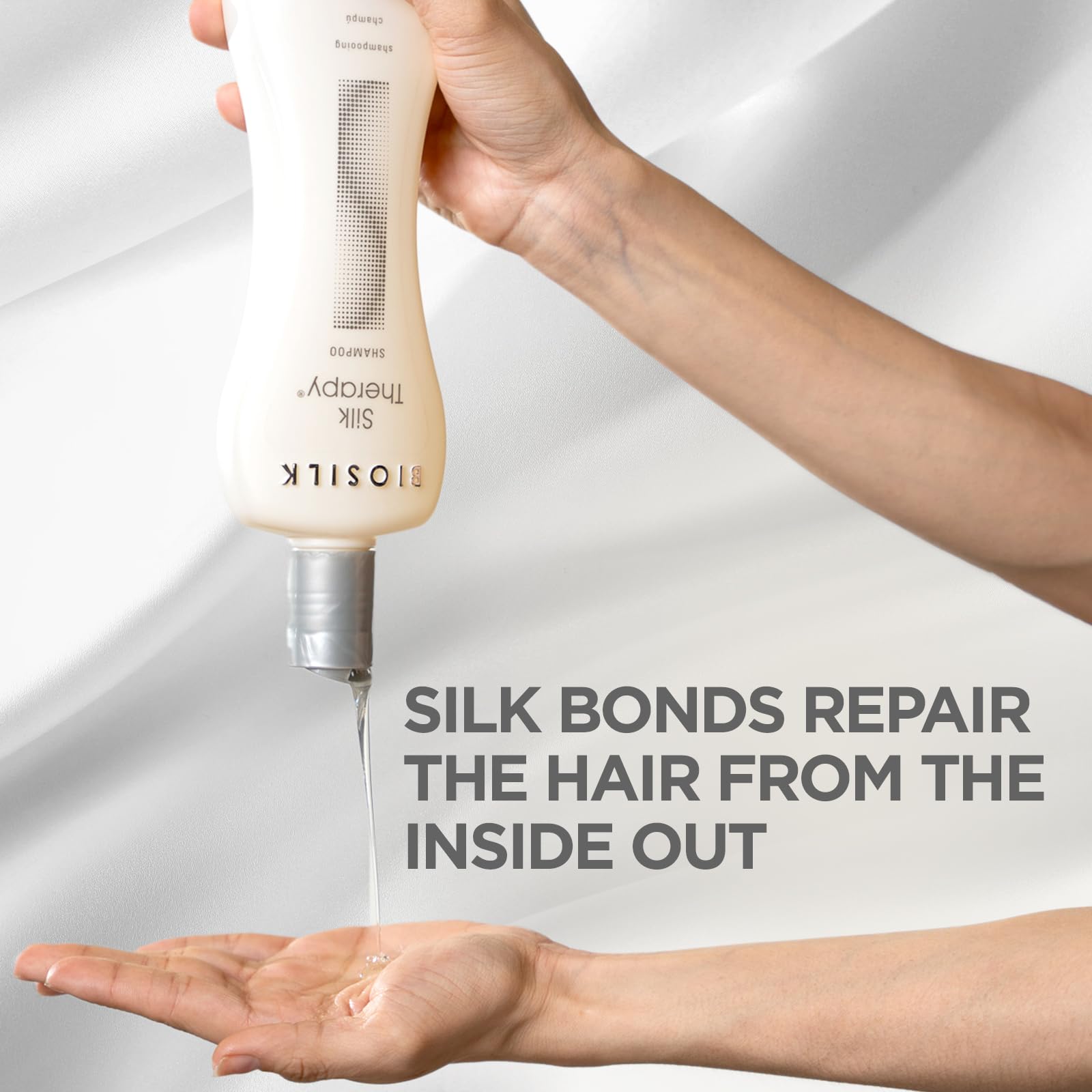 BioSilk gentle shampoo application demonstrates easy cleansing and lather.