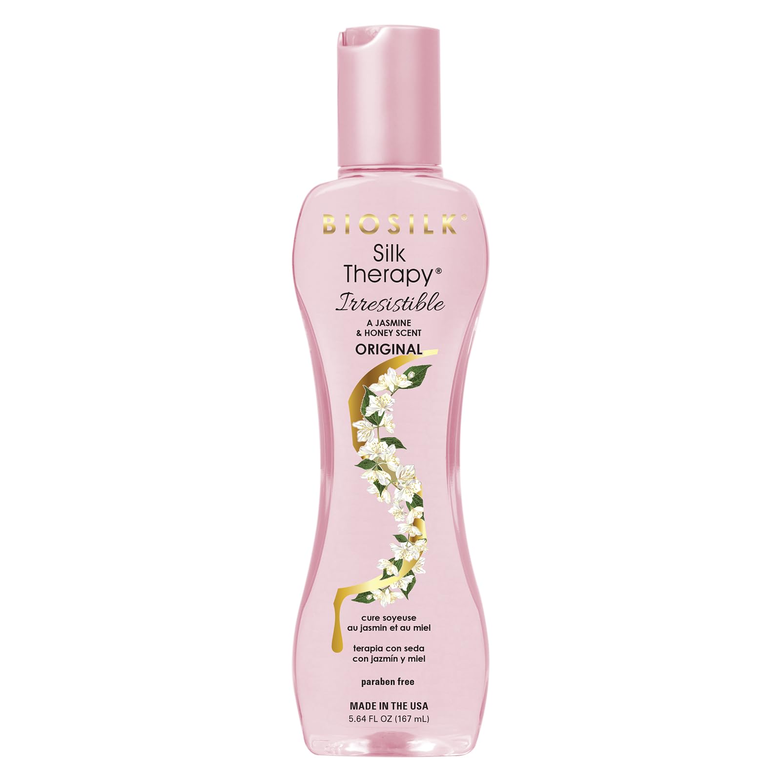 BioSilk Irresistible leave-in bottle shows moisture boost for all hair types.