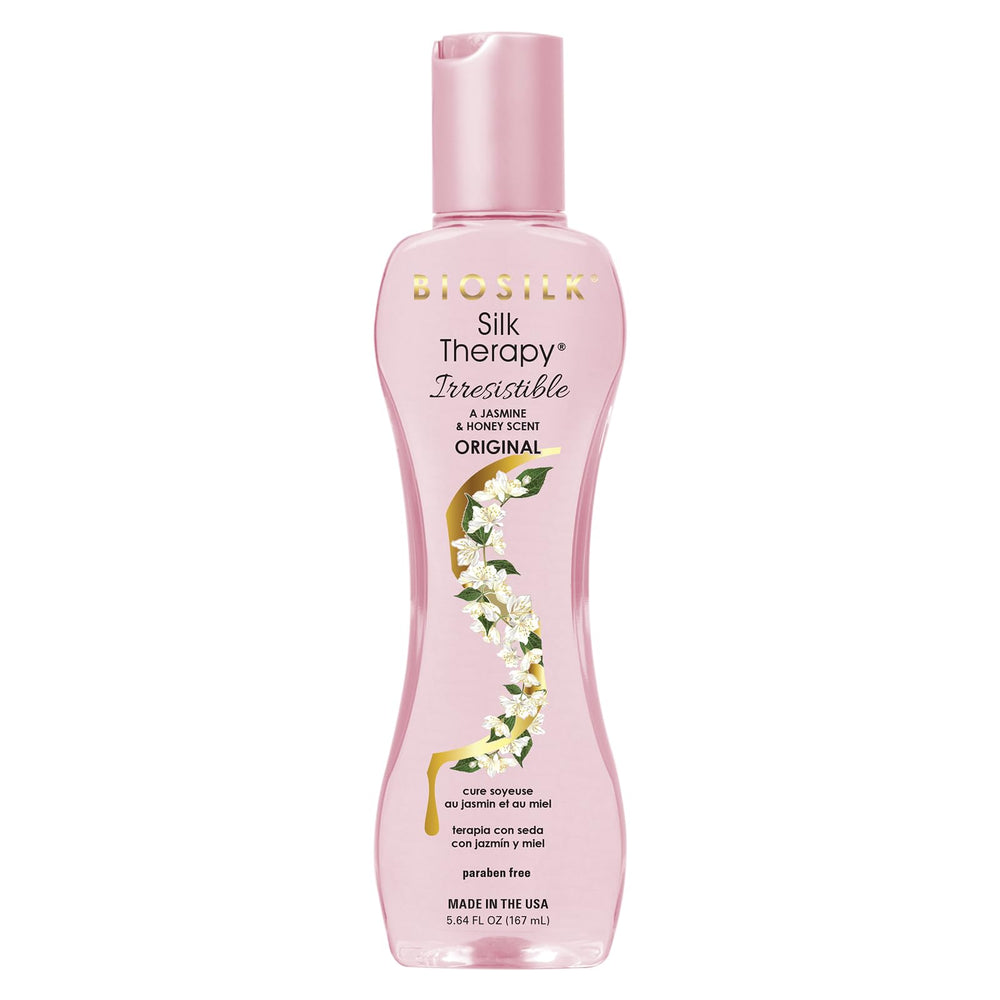 BioSilk Irresistible leave-in bottle shows moisture boost for all hair types.