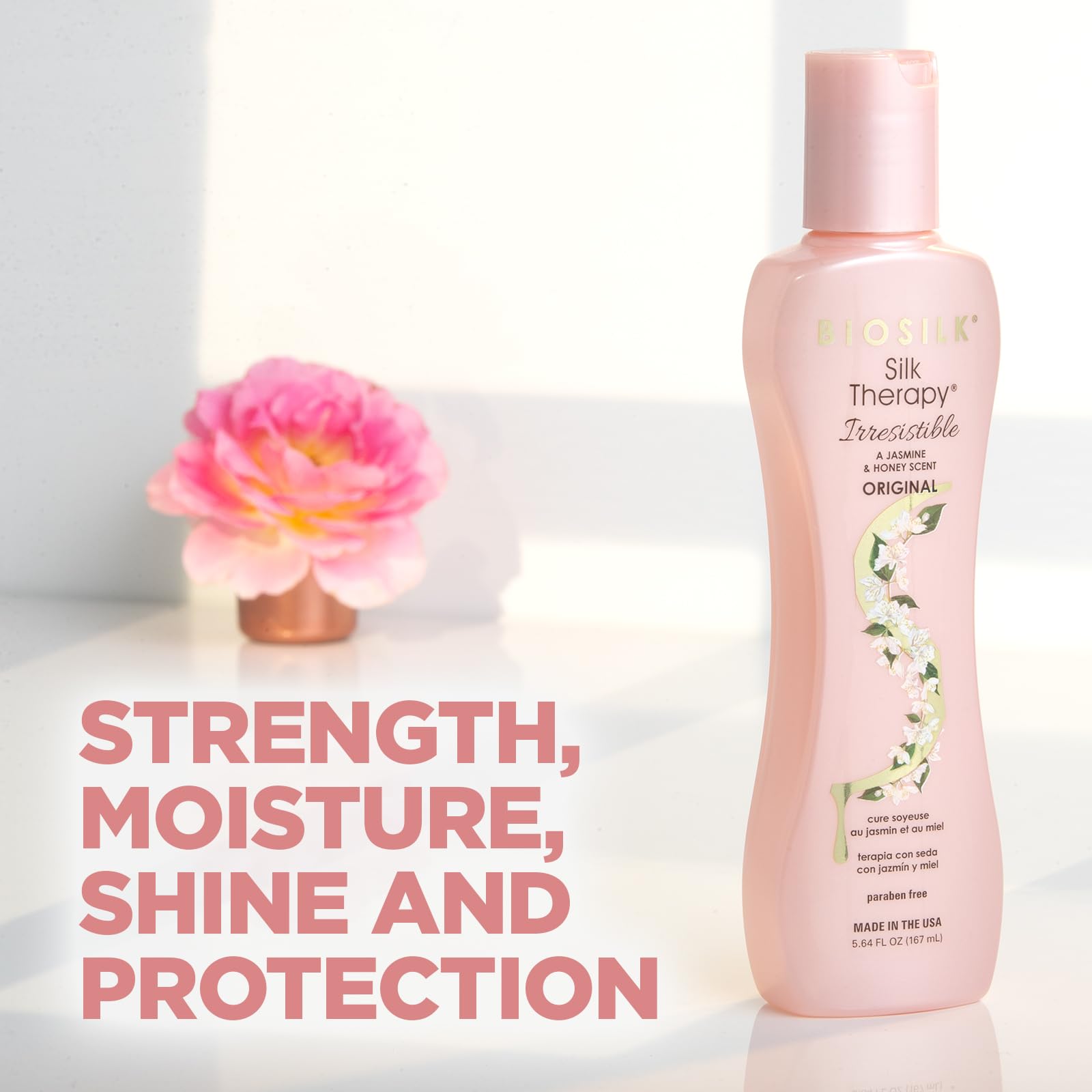 BioSilk Irresistible label highlights jasmine-honey scent and silk therapy blend.
