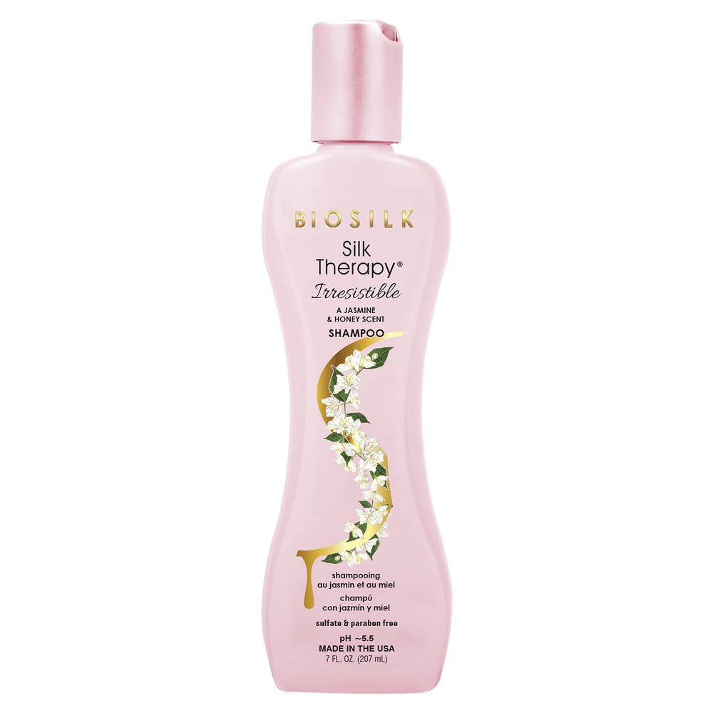 BioSilk Irresistible Shampoo bottle with jasmine petals for a lush cleanse and shine.