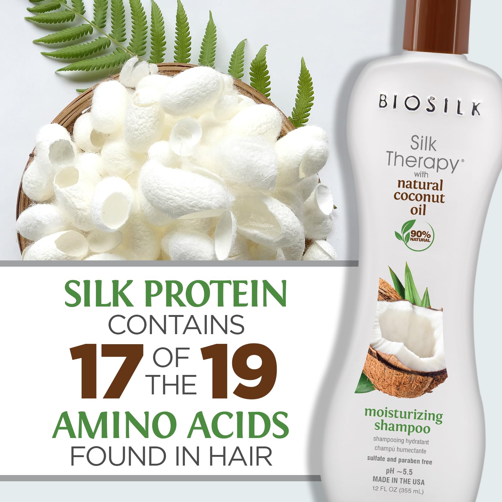 BioSilk Silk Therapy Coconut Oil Moisturizing Shampoo paired with conditioner for replenished moisture.