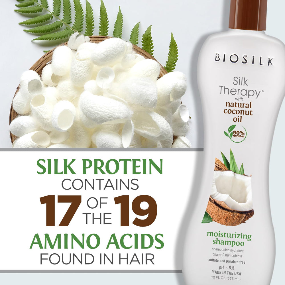 BioSilk Silk Therapy Coconut Oil Moisturizing Shampoo paired with conditioner for replenished moisture.