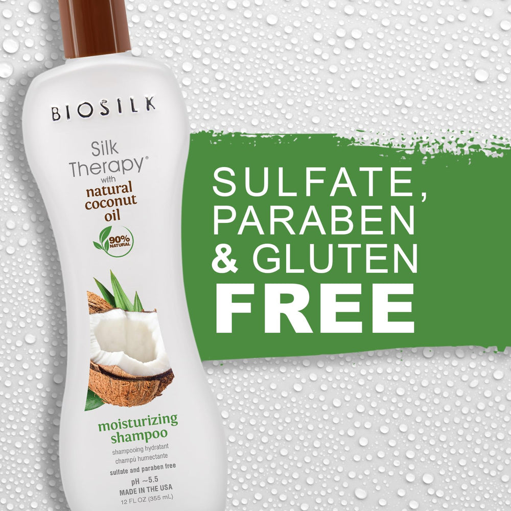 BioSilk Silk Therapy Coconut Oil Moisturizing Shampoo bottle showcases silky texture and softness.