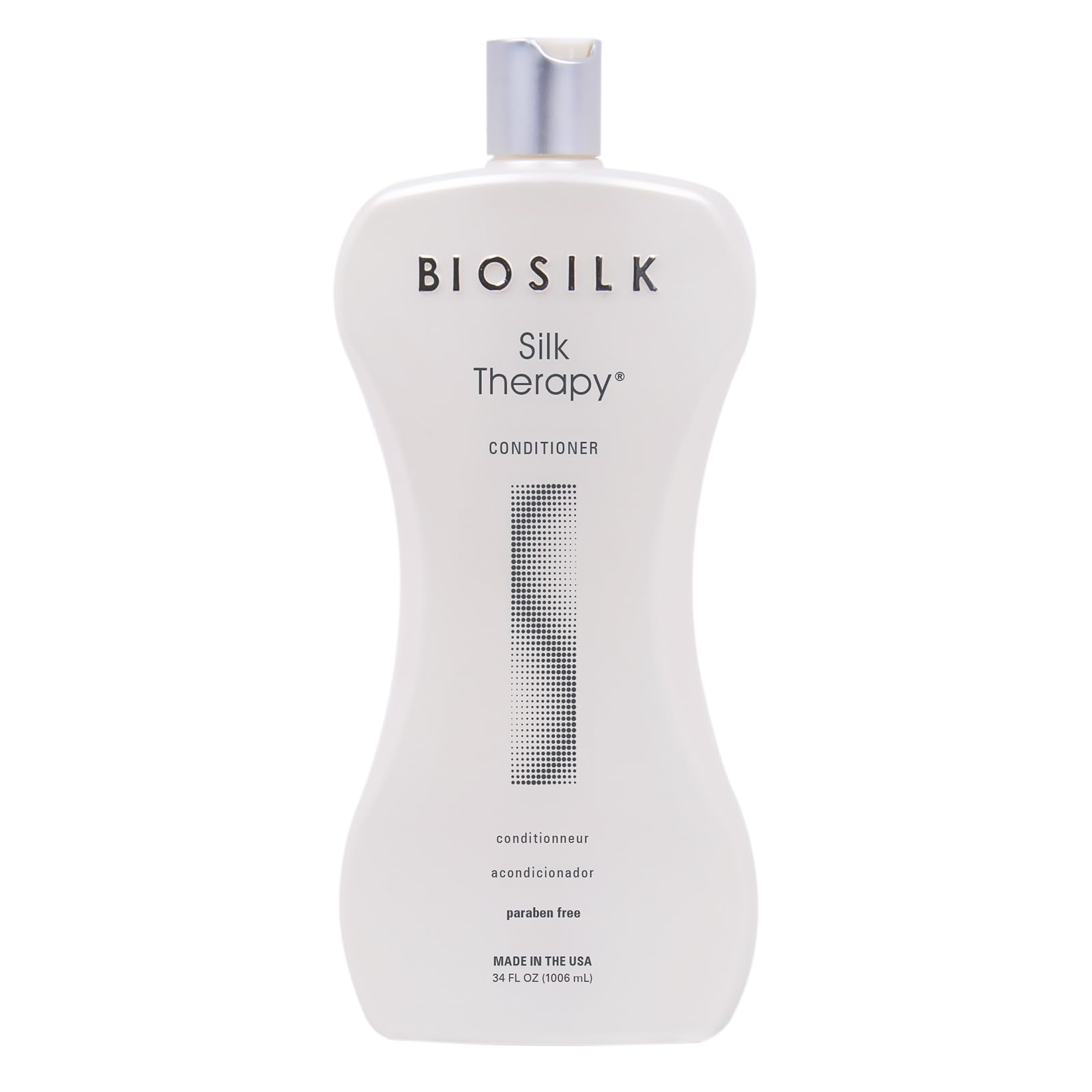 BioSilk Silk Therapy Conditioner bottle highlighting shine-boosting hydration for frizz control