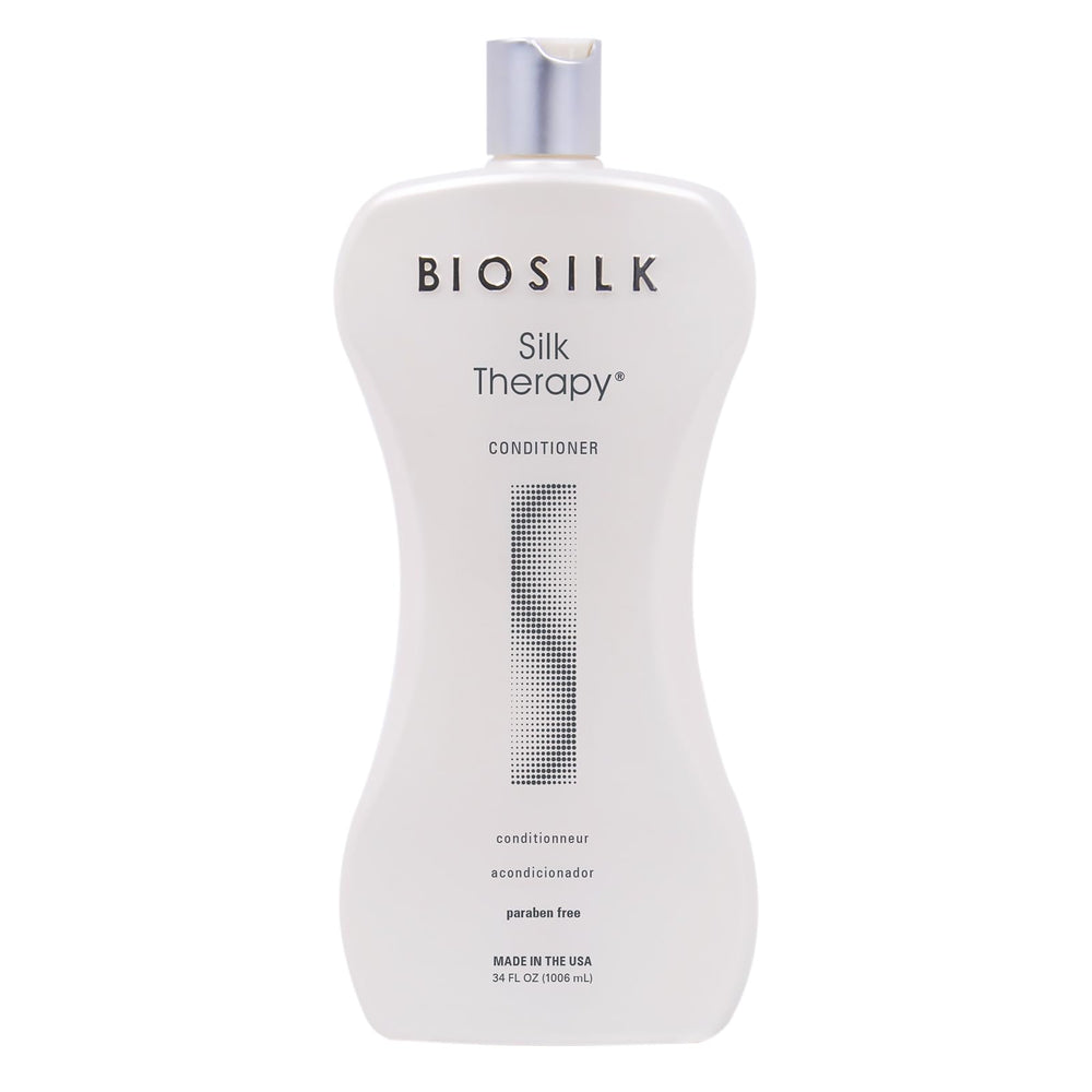 BioSilk Silk Therapy Conditioner bottle highlighting shine-boosting hydration for frizz control