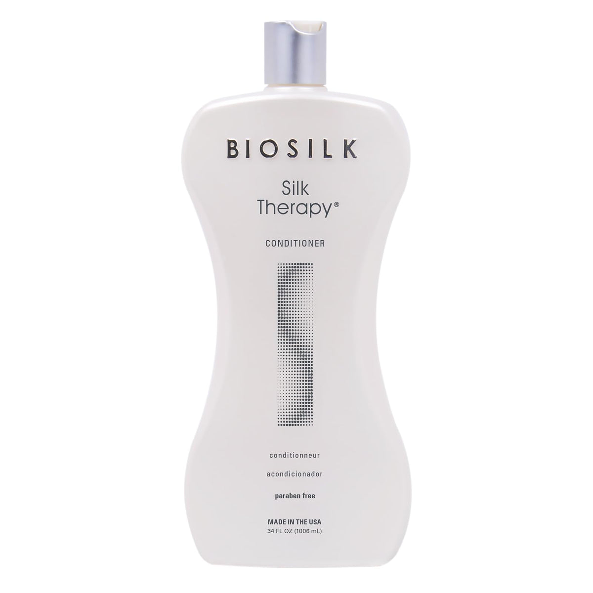 BioSilk Silk Therapy Conditioner bottle highlighting shine-boosting hydration for frizz control