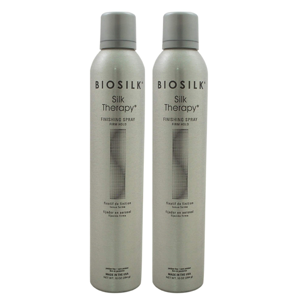 BioSilk Silk Therapy Finishing Spray bottle shows firm hold for sleek, controlled styling.