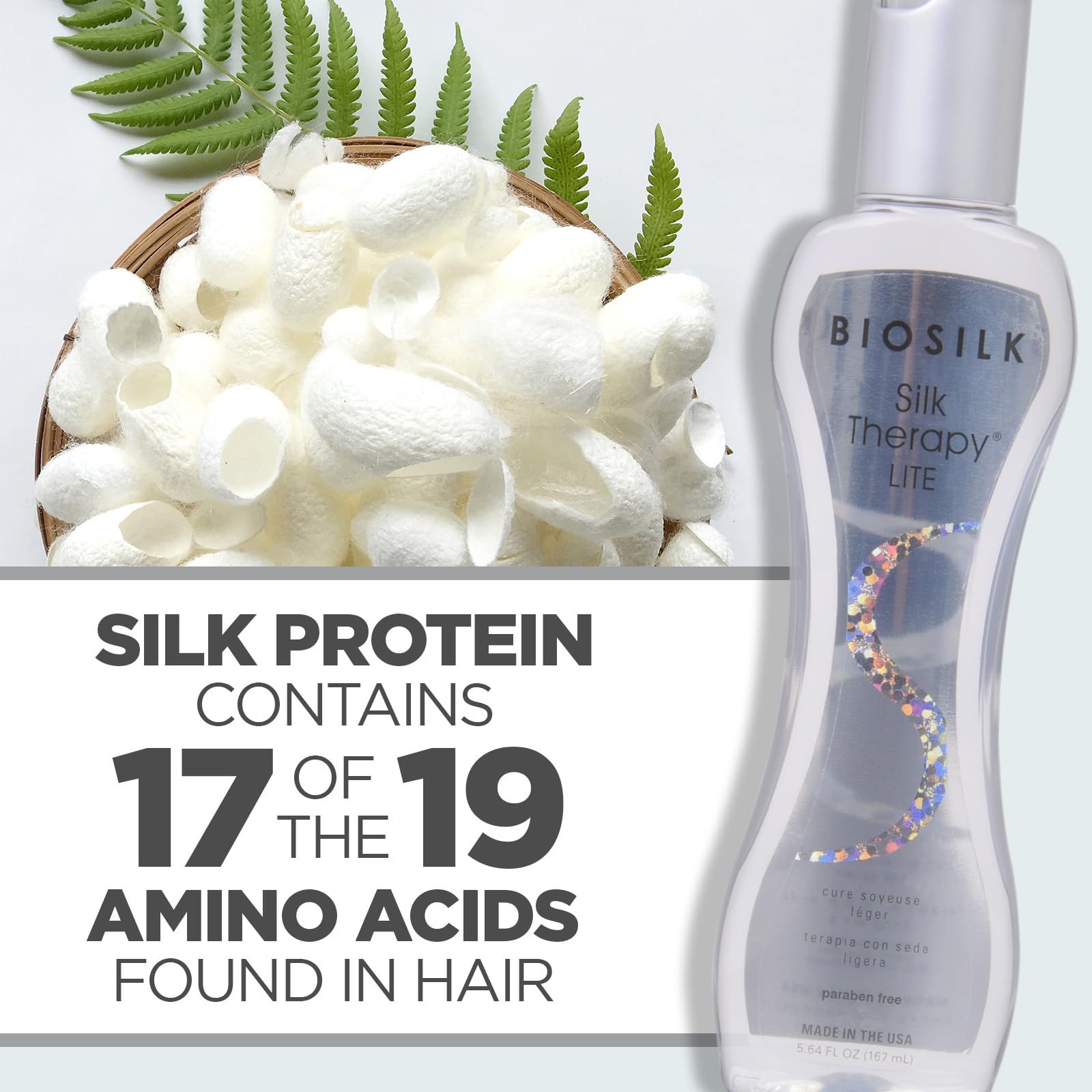 BioSilk Silk Therapy Lite packaging highlighting sulfate- and paraben-free formula
