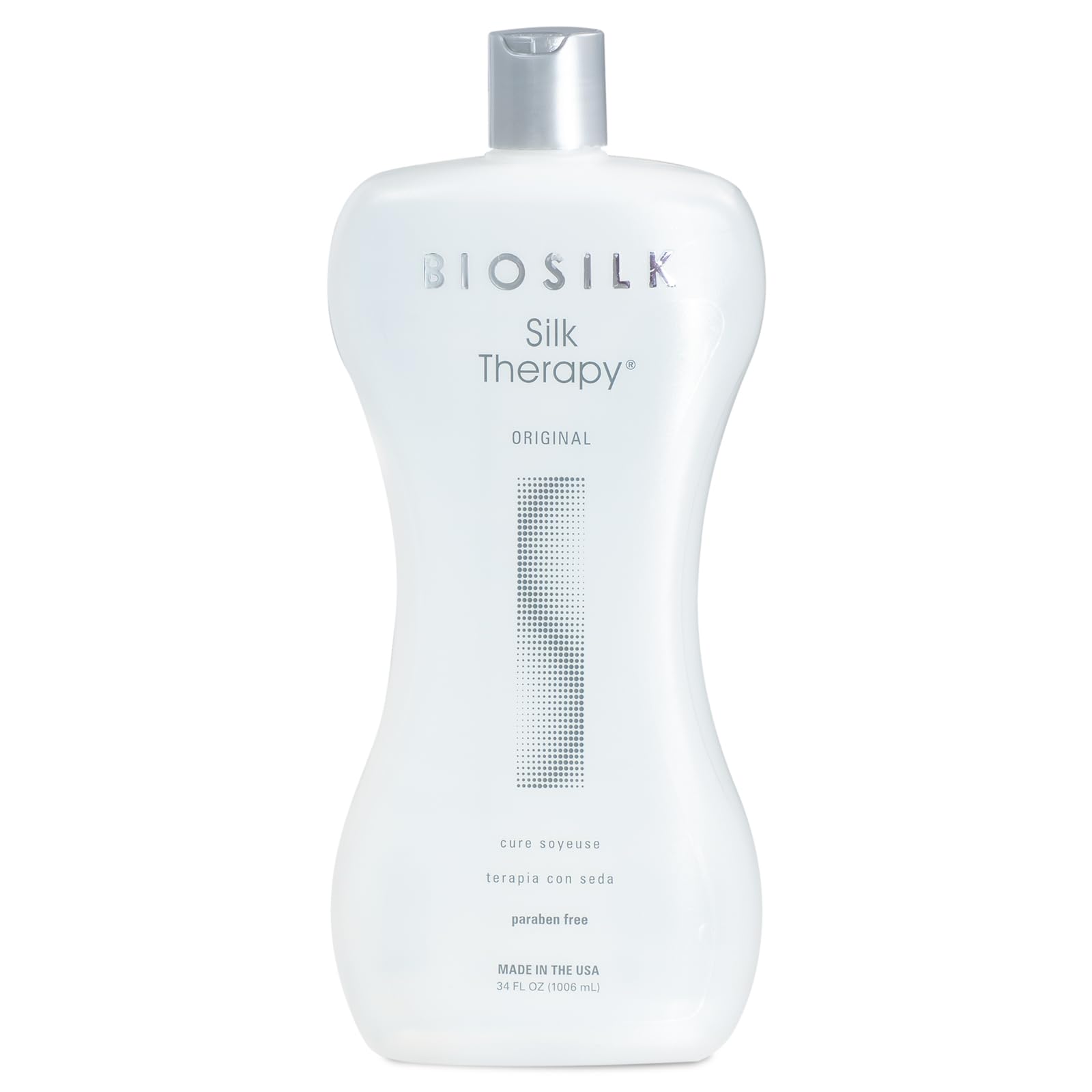 BioSilk Silk Therapy Original bottle front highlights shine-boosting leave-in treatment.
