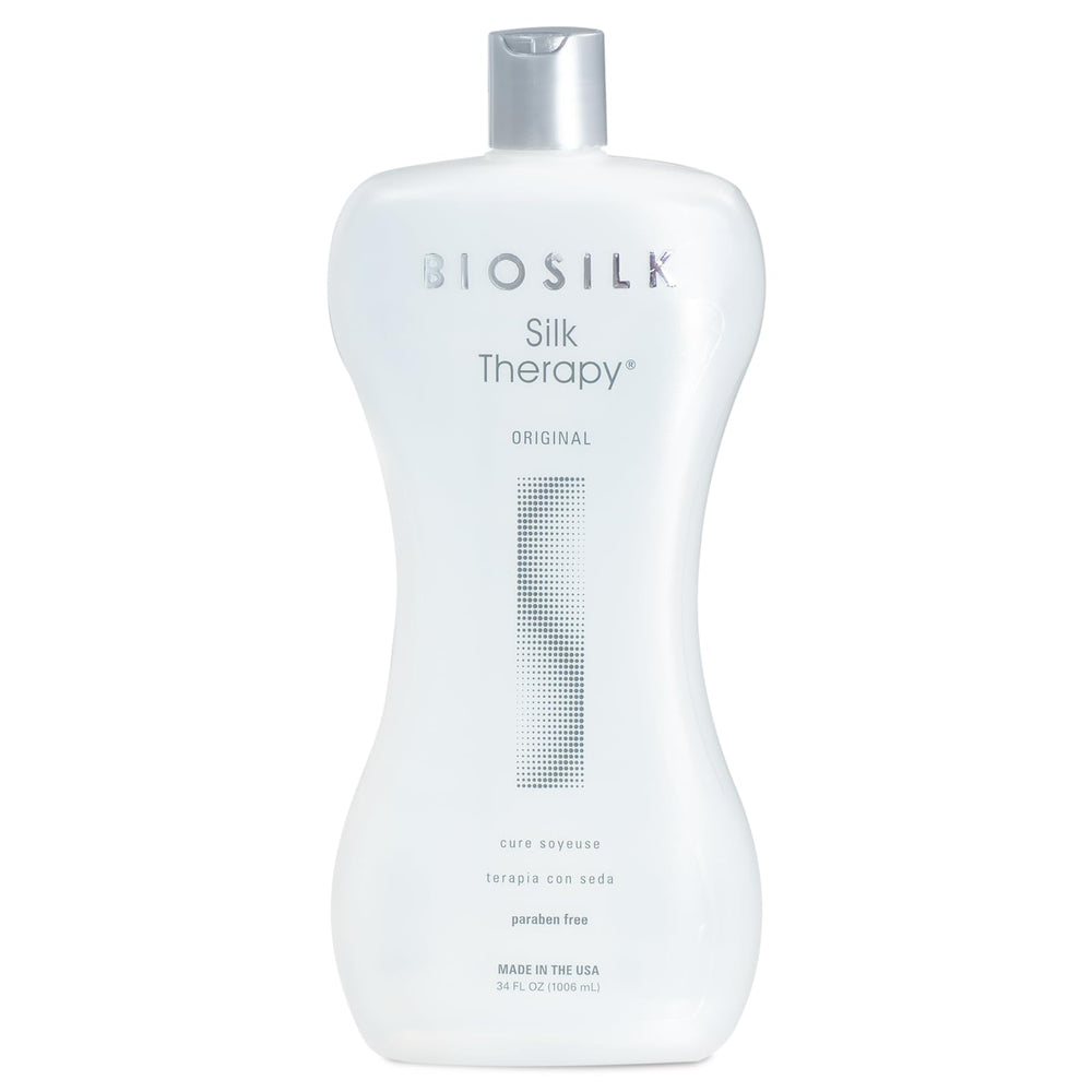 BioSilk Silk Therapy Original bottle front highlights shine-boosting leave-in treatment.