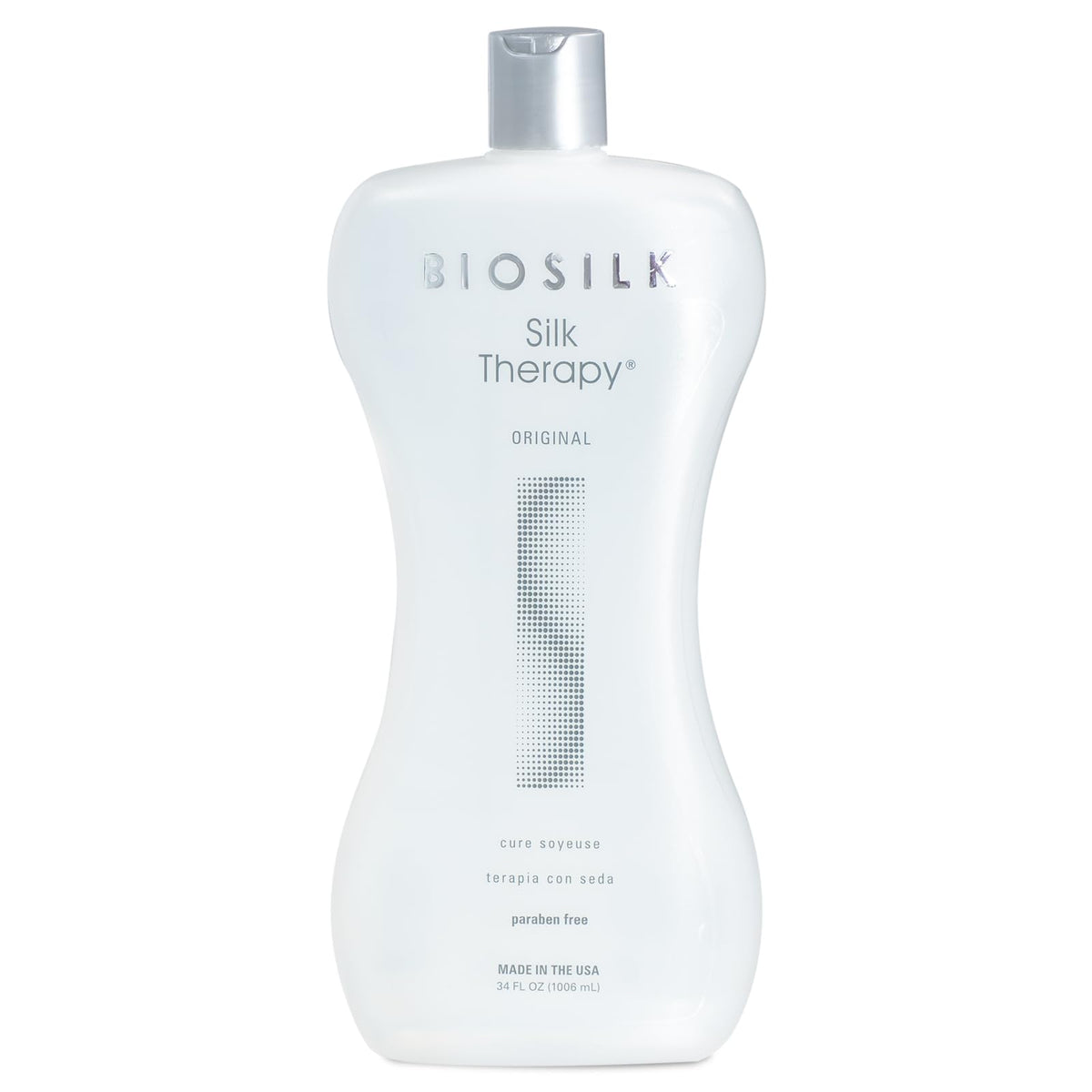 BioSilk Silk Therapy Original bottle front highlights shine-boosting leave-in treatment.